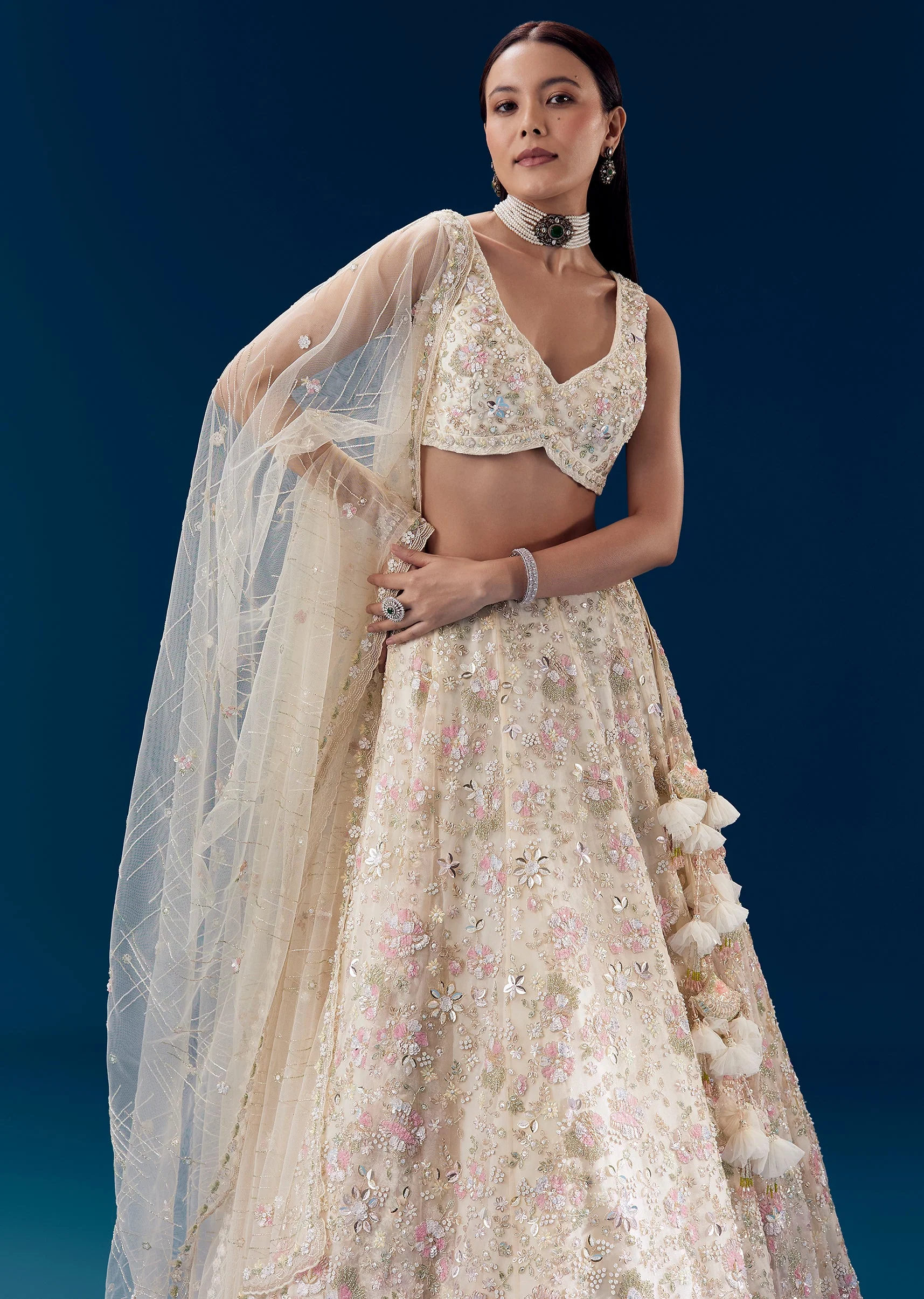 Ivory Silk Embellished Bridal Lehenga Set with Floral Tassels - Image 5