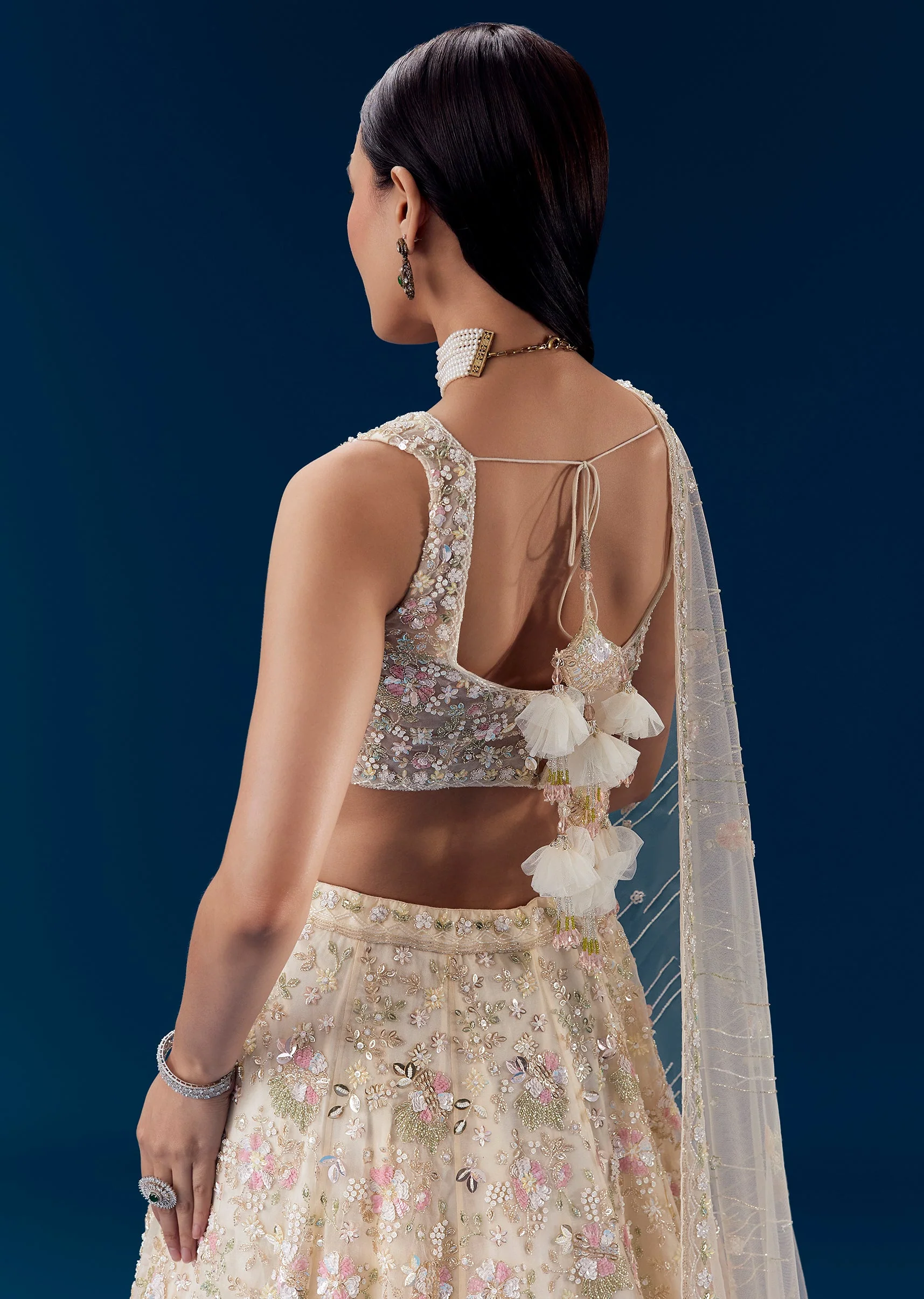 Ivory Silk Embellished Bridal Lehenga Set with Floral Tassels - Image 6
