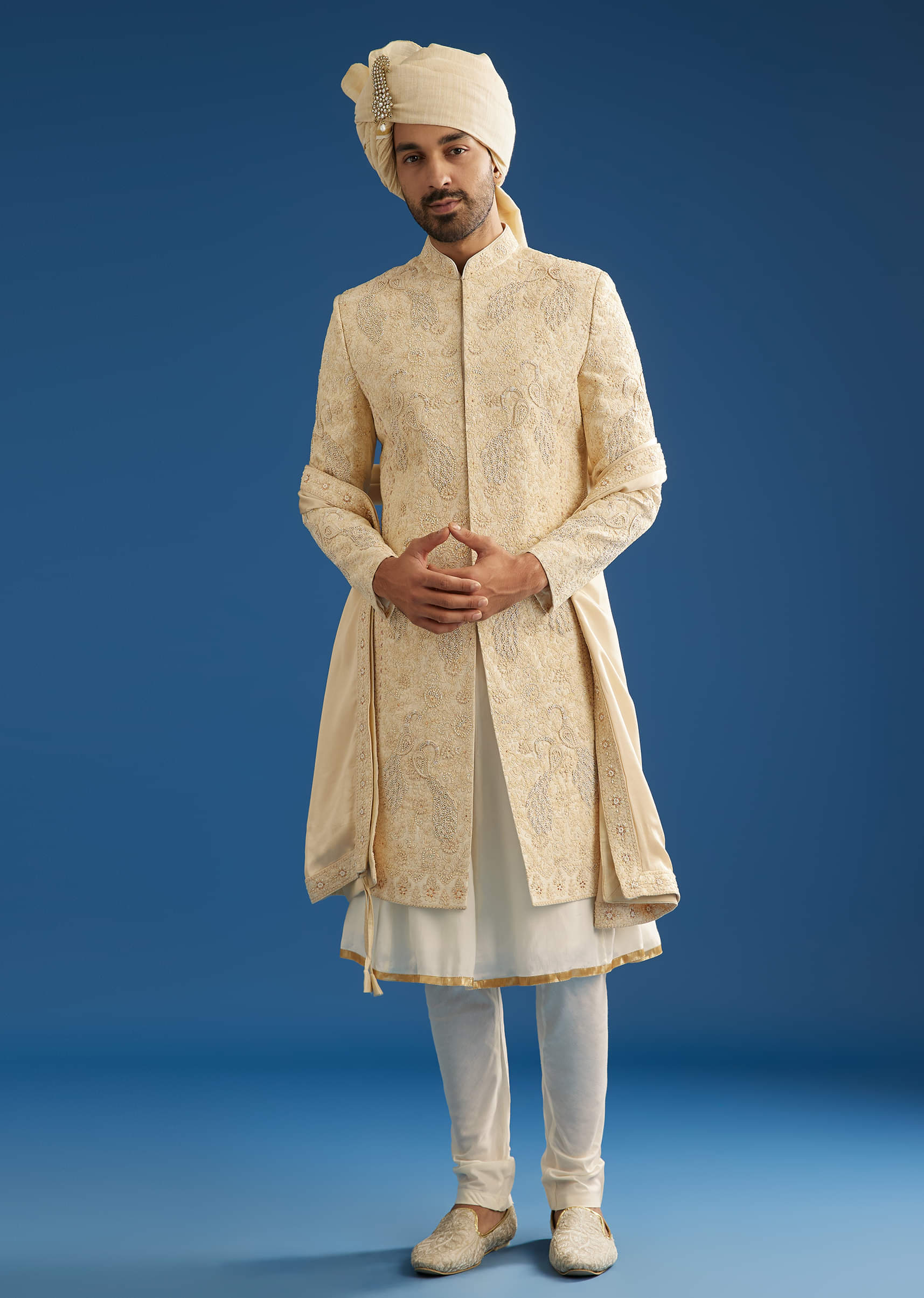 Ivory Silk Groom Sherwani Set With Dori And Zardosi Embroidery - Image 2