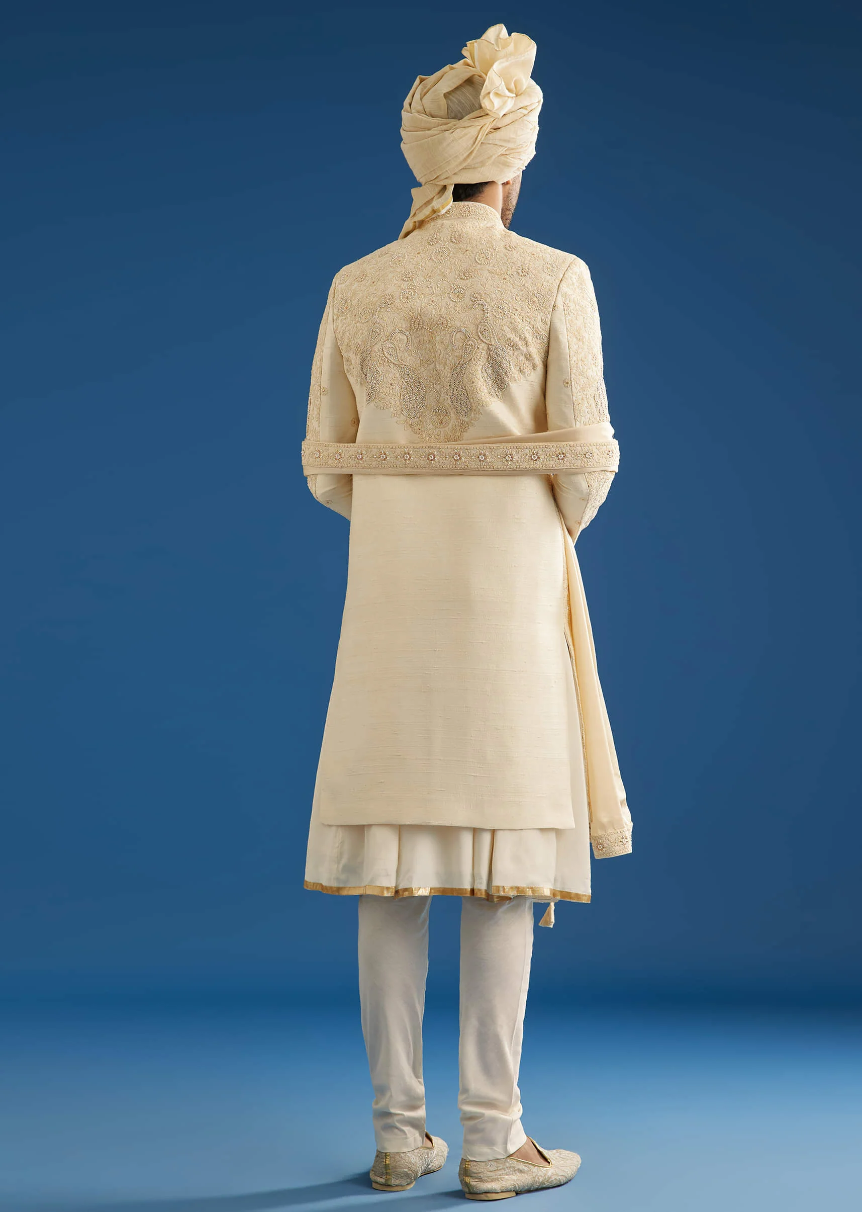Ivory Silk Groom Sherwani Set With Dori And Zardosi Embroidery - Image 4