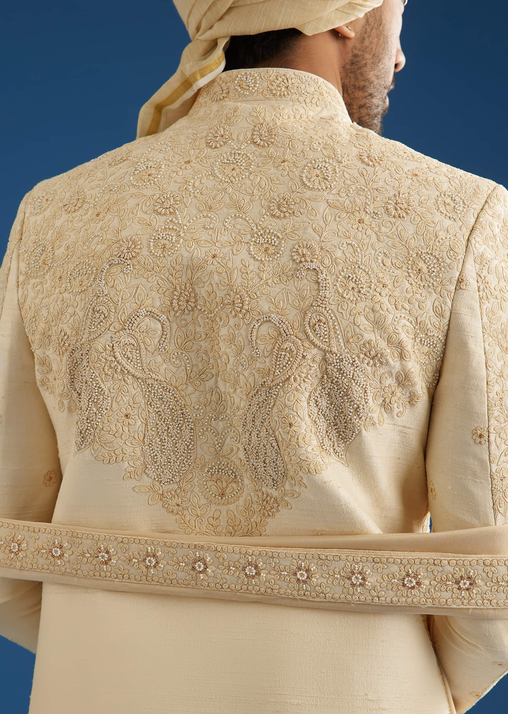 Ivory Silk Groom Sherwani Set With Dori And Zardosi Embroidery - Image 5