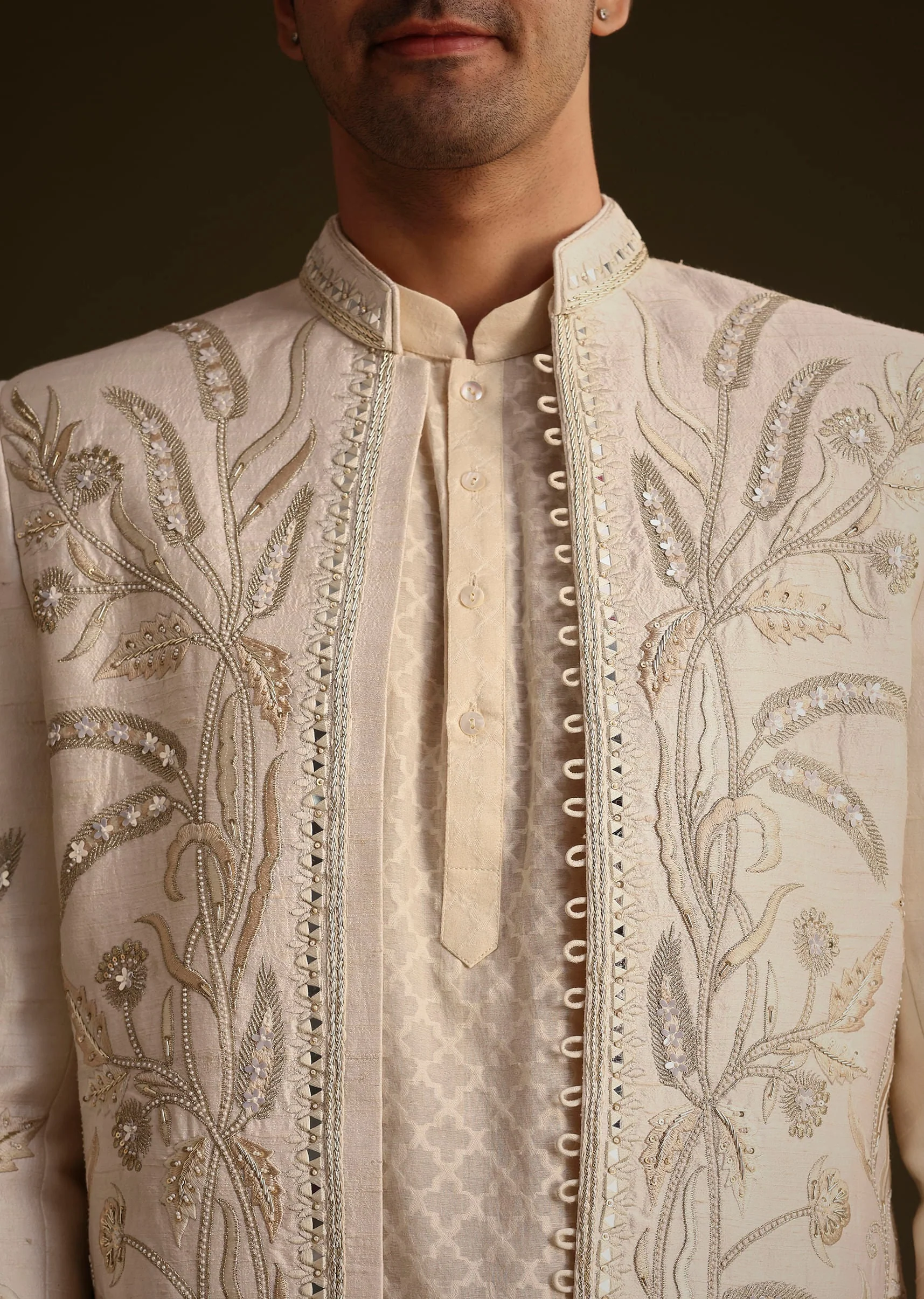 Ivory Silk Indo Western Set With Zardosi Work - Image 3