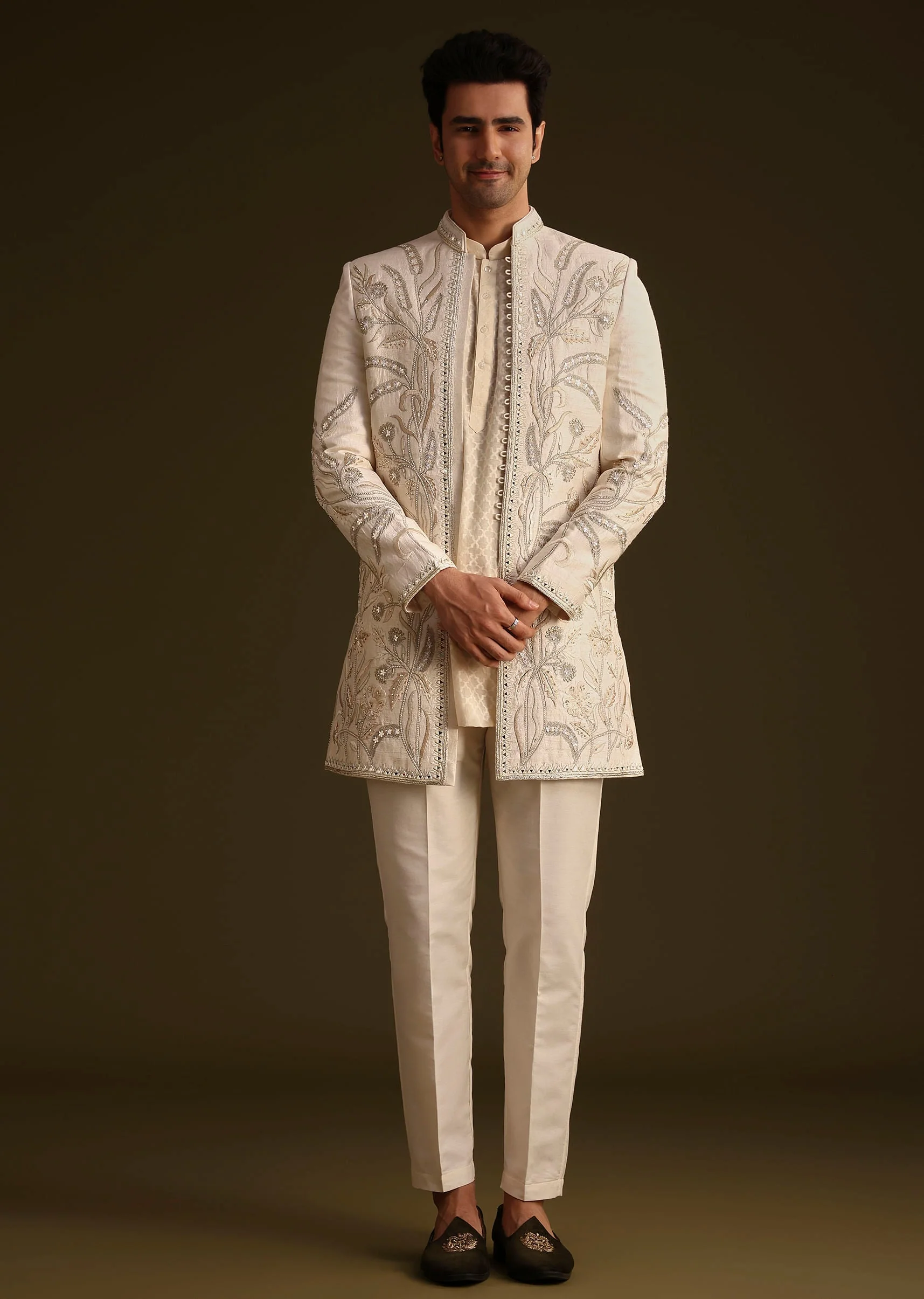 Ivory Silk Indo Western Set With Zardosi Work - Image 4