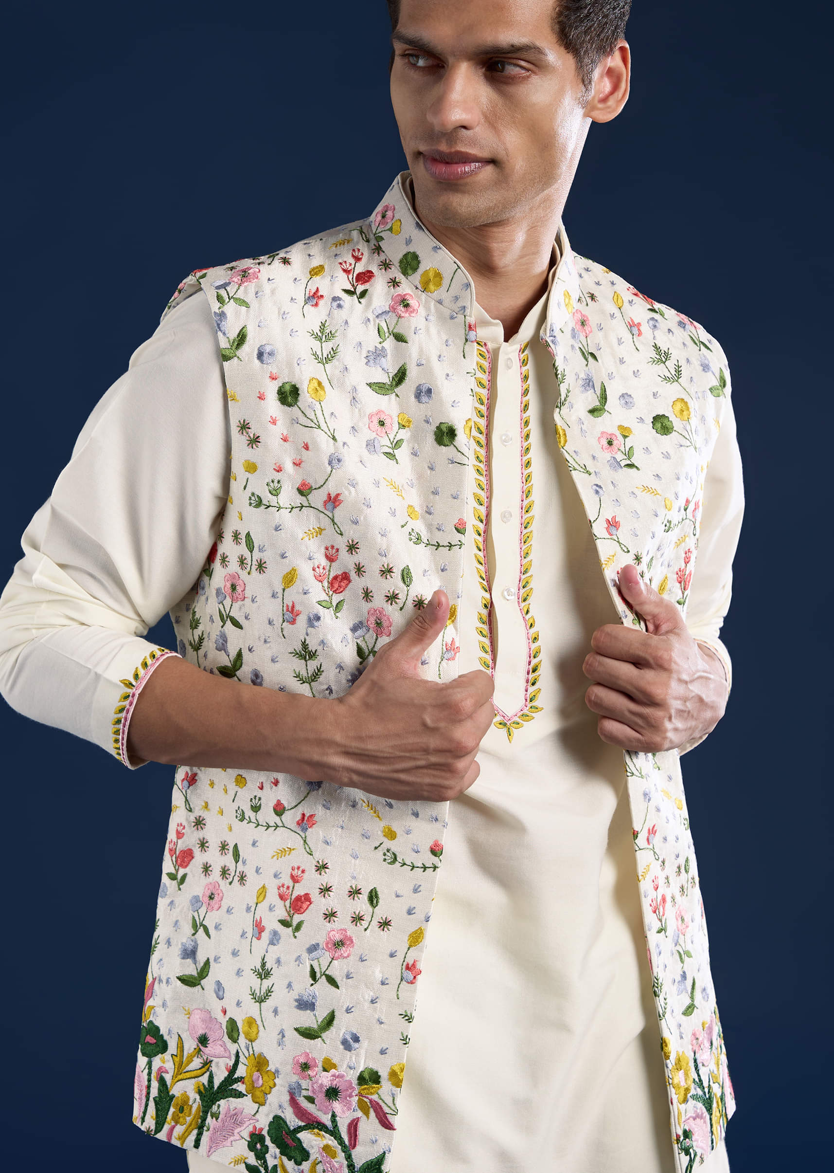 Ivory Silk Jacket Kurta Set with Resham Work - Image 2