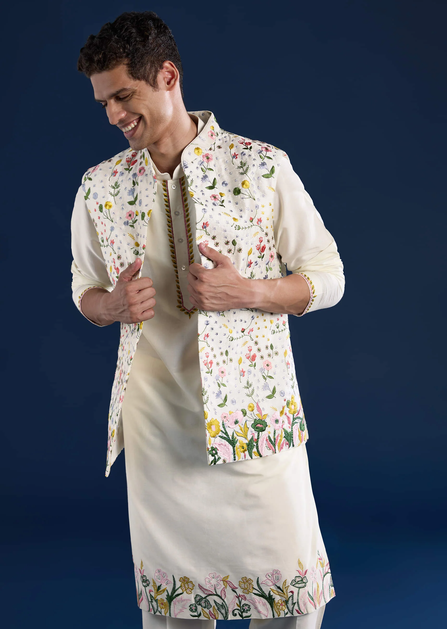 Ivory Silk Jacket Kurta Set with Resham Work - Image 4