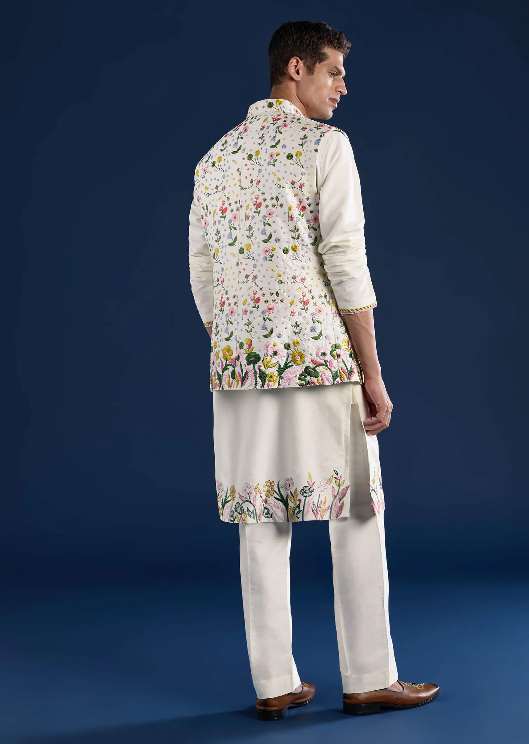 Ivory Silk Jacket Kurta Set with Resham Work - Image 5