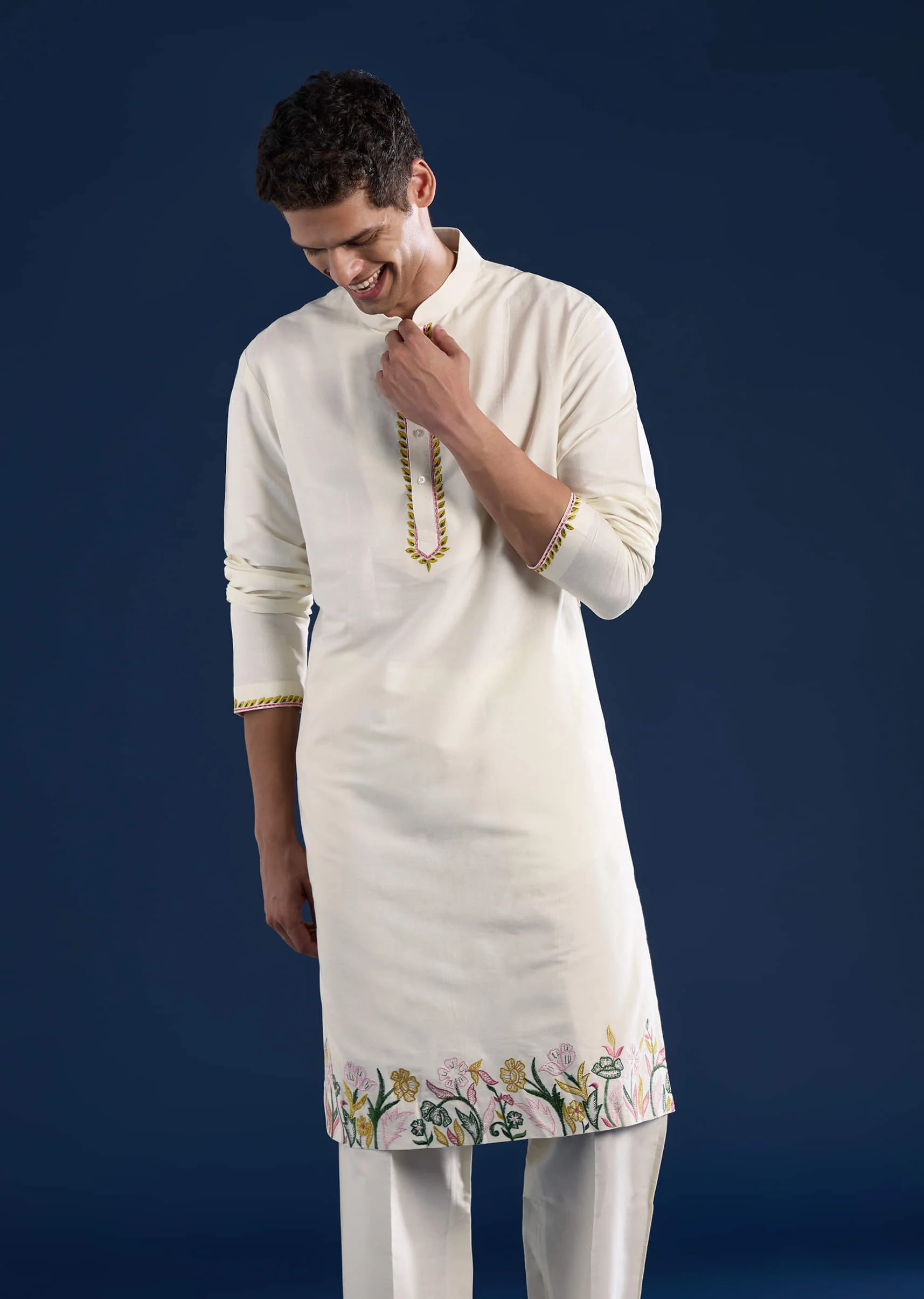 Ivory Silk Jacket Kurta Set with Resham Work - Image 6