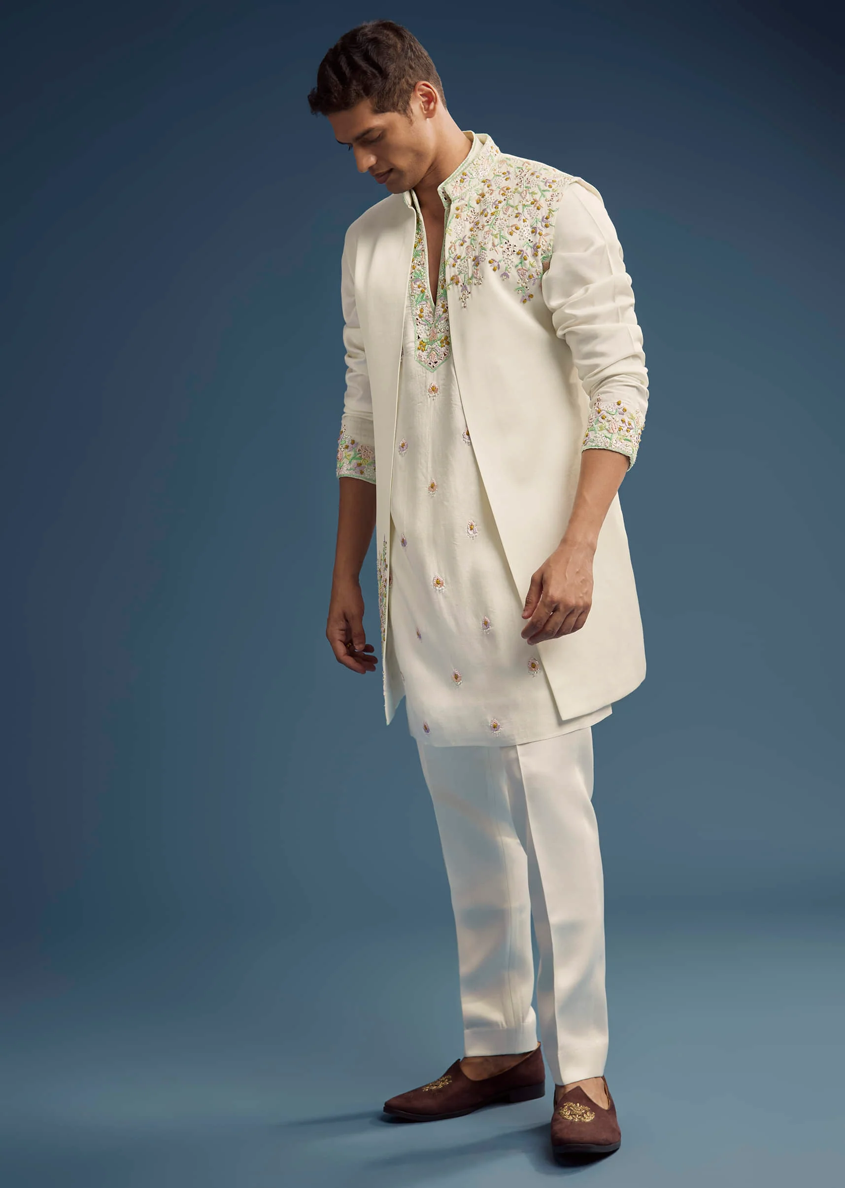 Ivory Silk Kurta Jacket Set For Men With Zardosi Work - Image 2