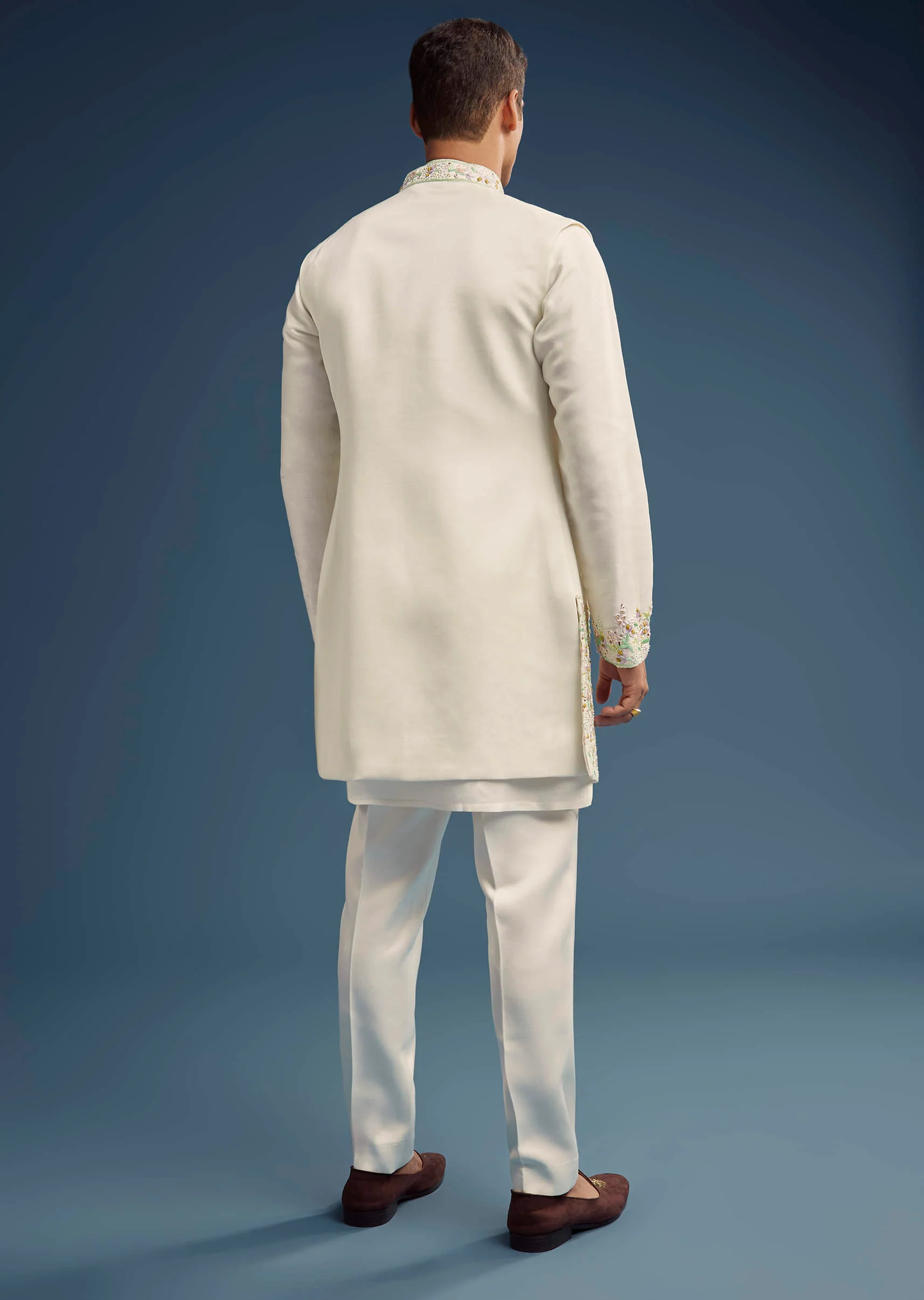 Ivory Silk Kurta Jacket Set For Men With Zardosi Work - Image 5