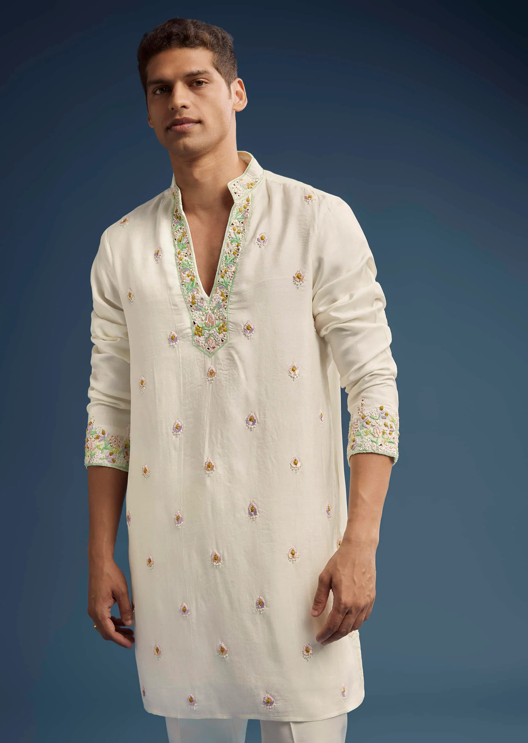 Ivory Silk Kurta Jacket Set For Men With Zardosi Work - Image 6