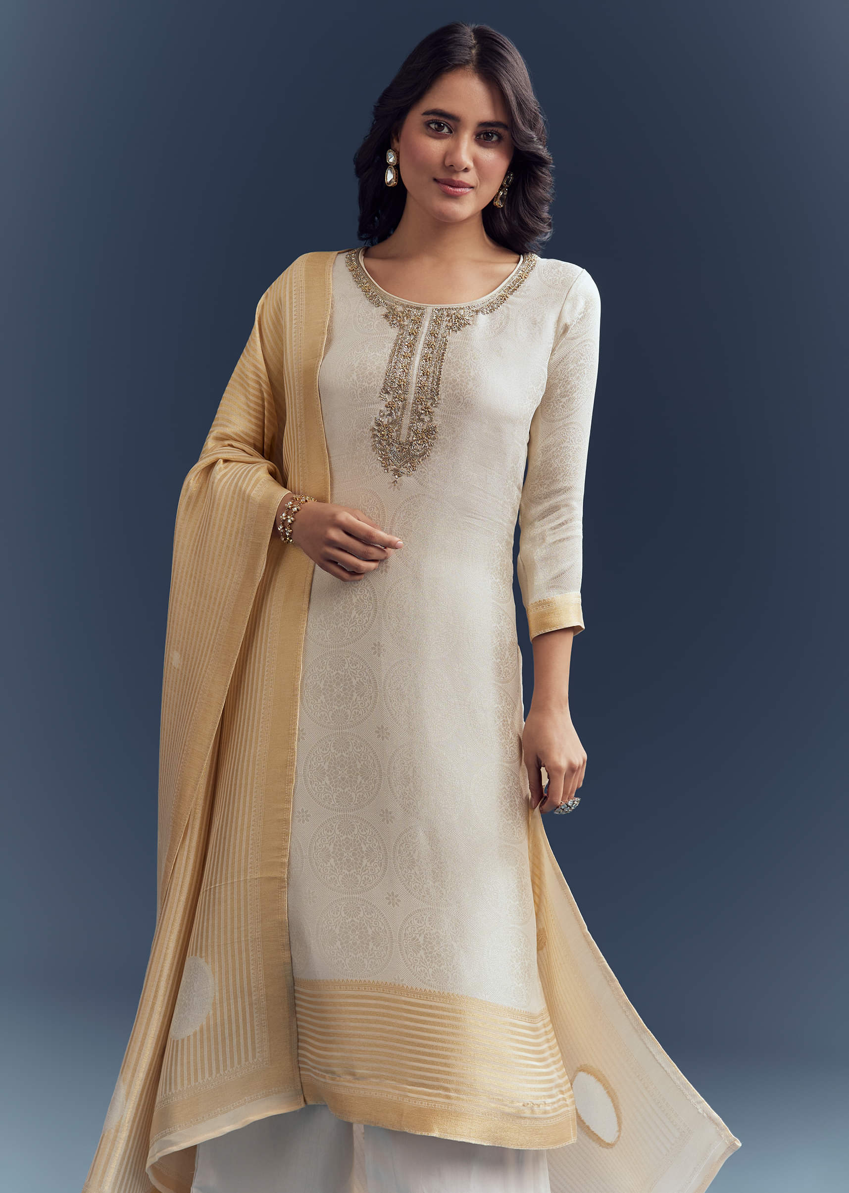 Ivory Silk Kurta Set With Jacquard Weave And Zardosi Work - Image 5