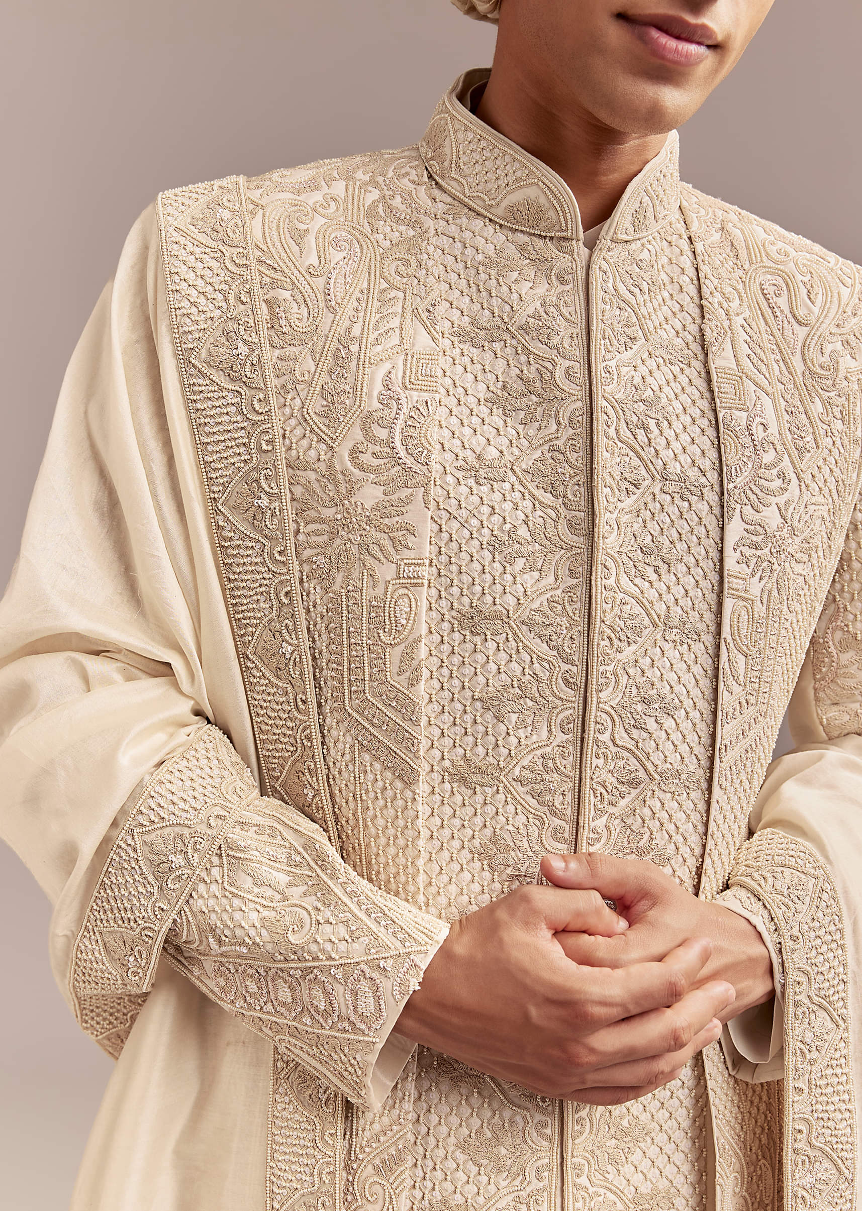 Ivory Silk Sherwani For Groom With Geometric And Floral Embroidery - Image 2