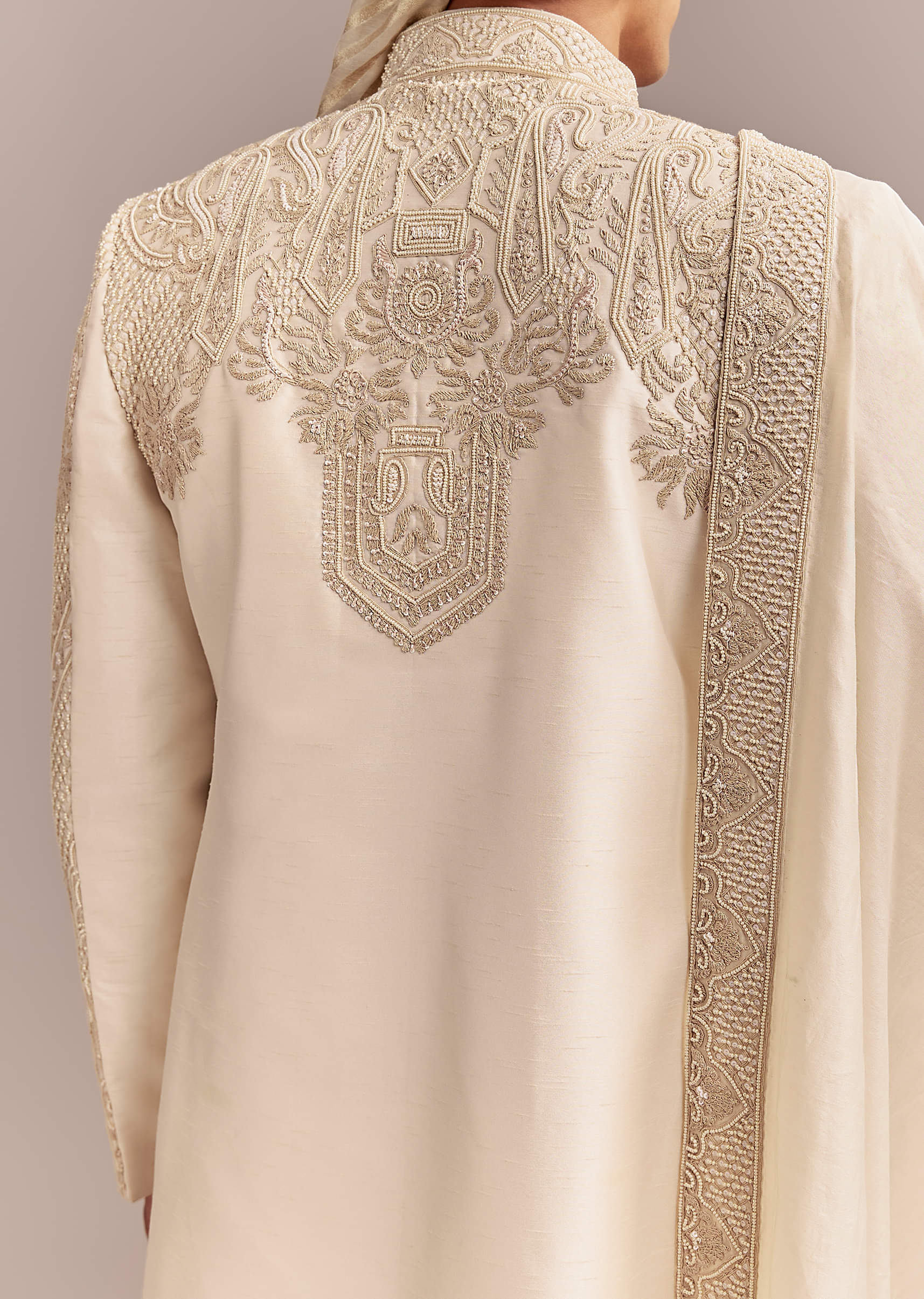 Ivory Silk Sherwani For Groom With Geometric And Floral Embroidery - Image 6