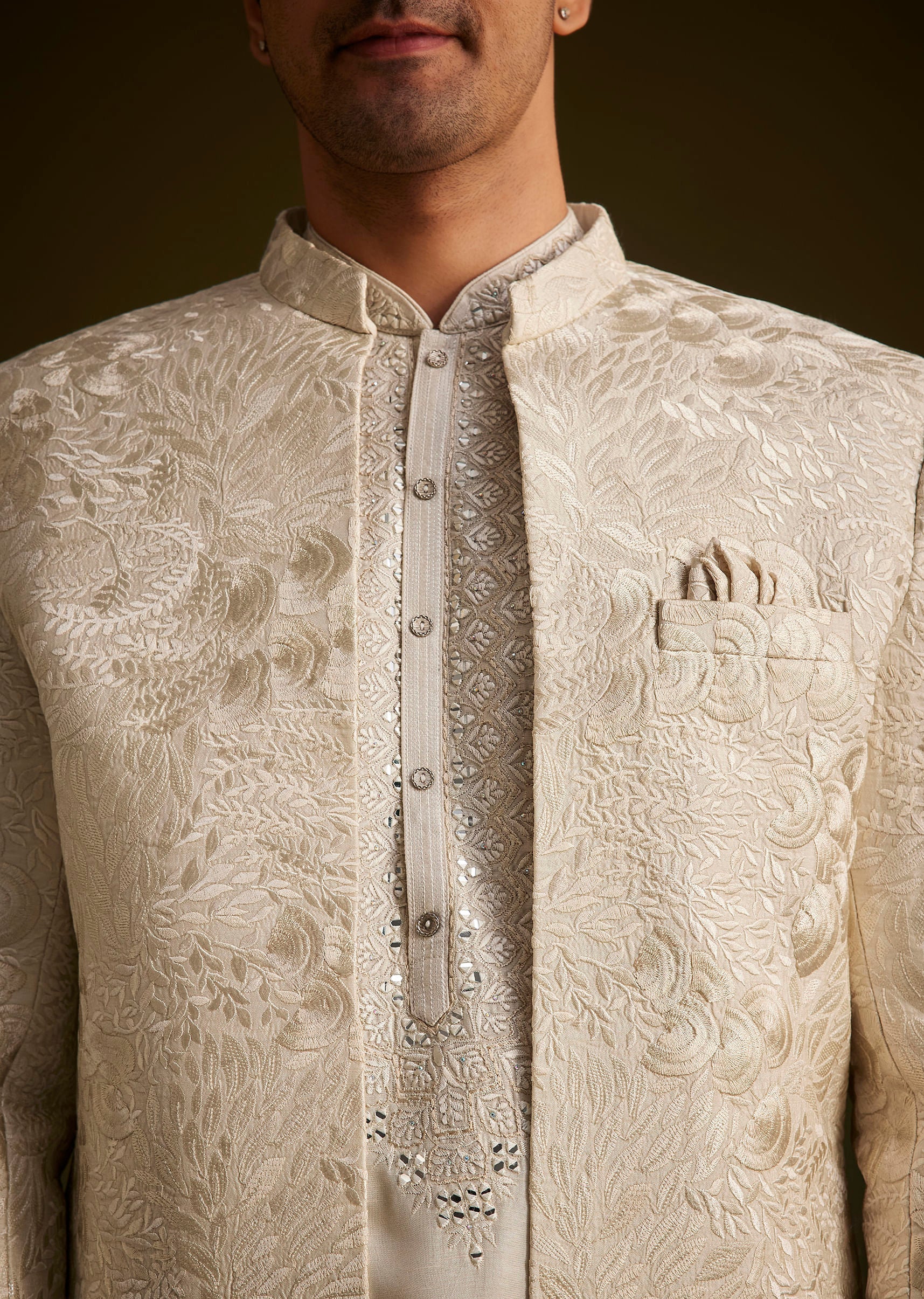 Ivory Silk Sherwani With Intricate Floral Embroidery - Image 2