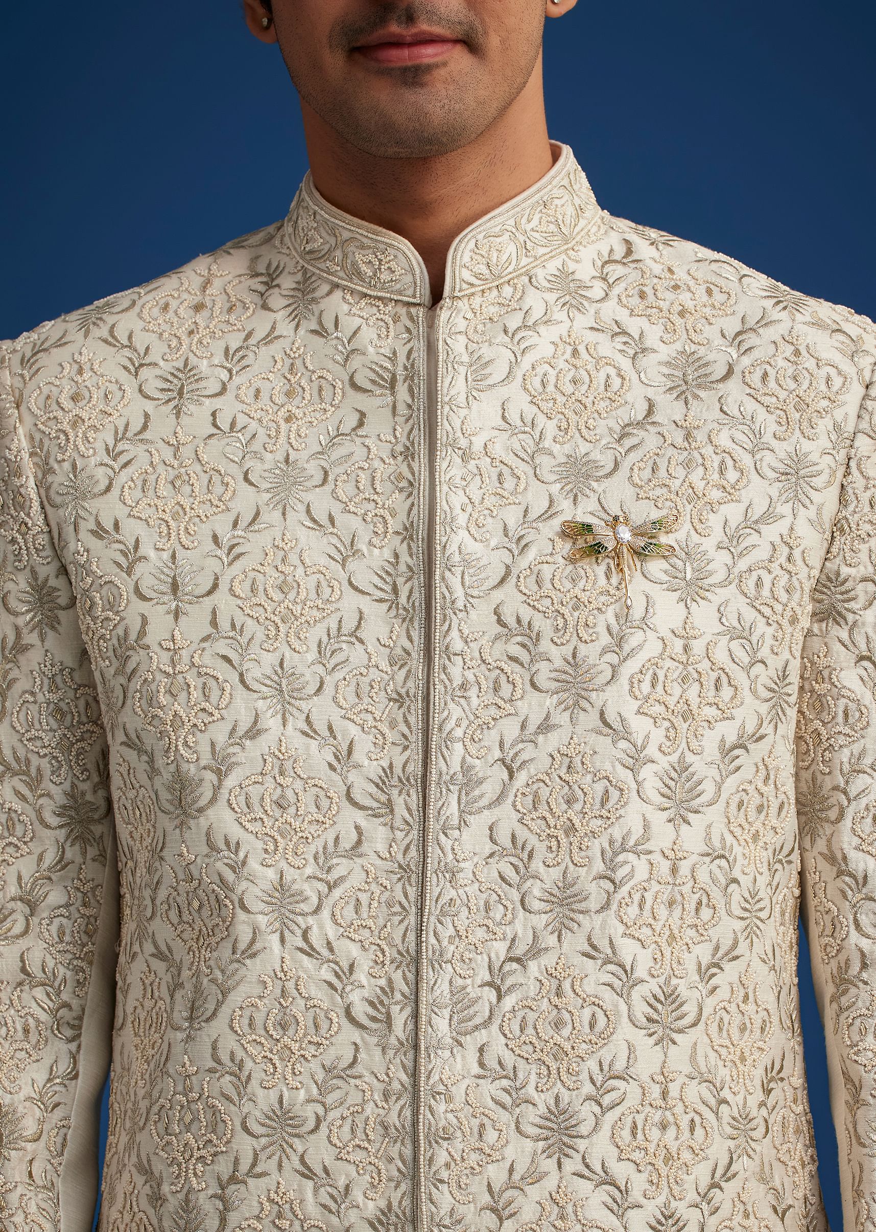 Ivory Silk Sherwani With Resham Zari And Zardosi Work - Image 2
