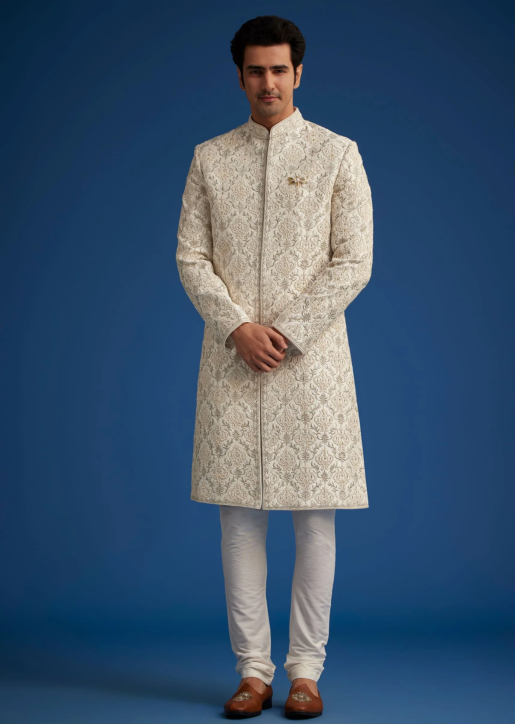 Ivory Silk Sherwani With Resham Zari And Zardosi Work - Image 3