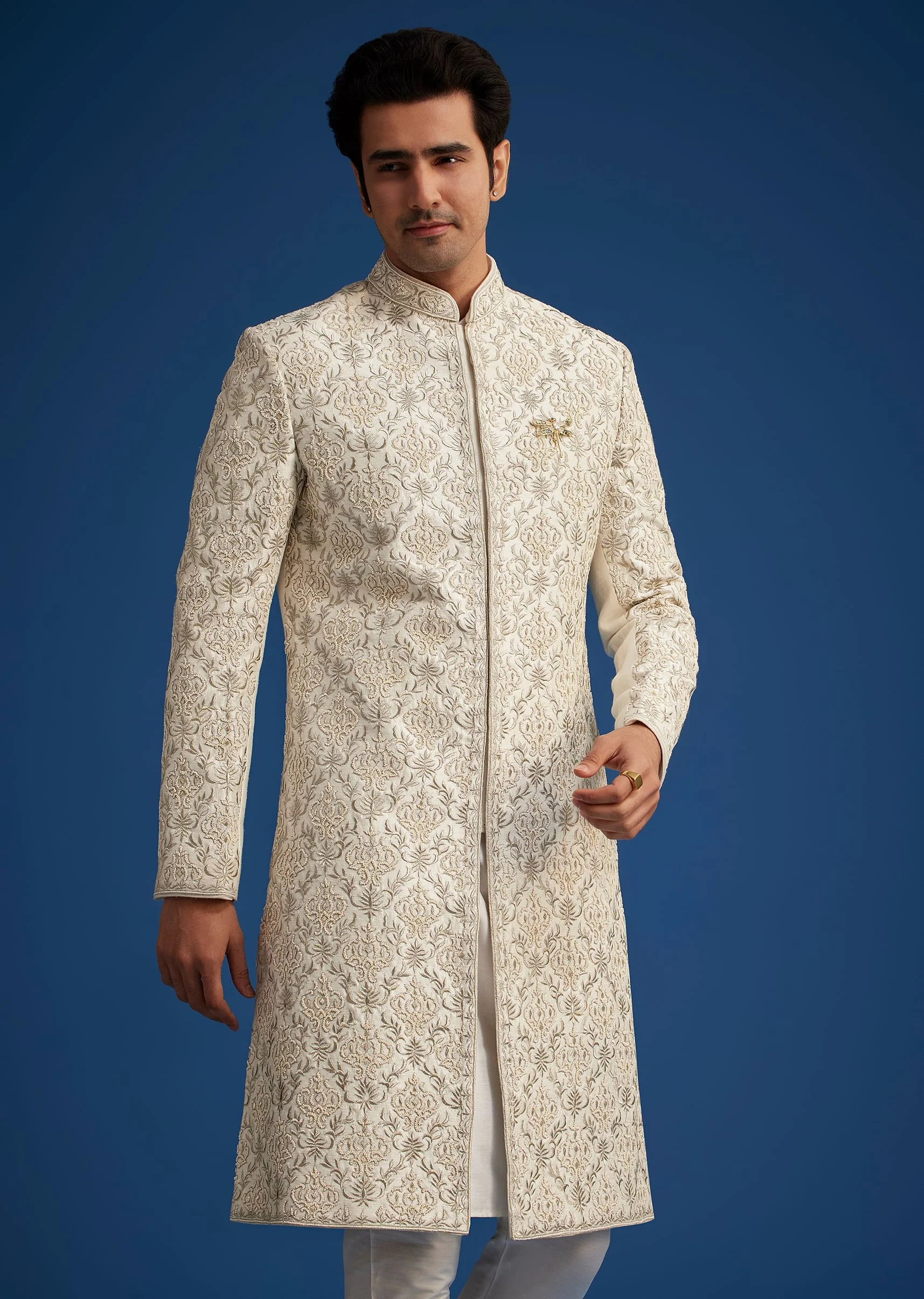 Ivory Silk Sherwani With Resham Zari And Zardosi Work - Image 4