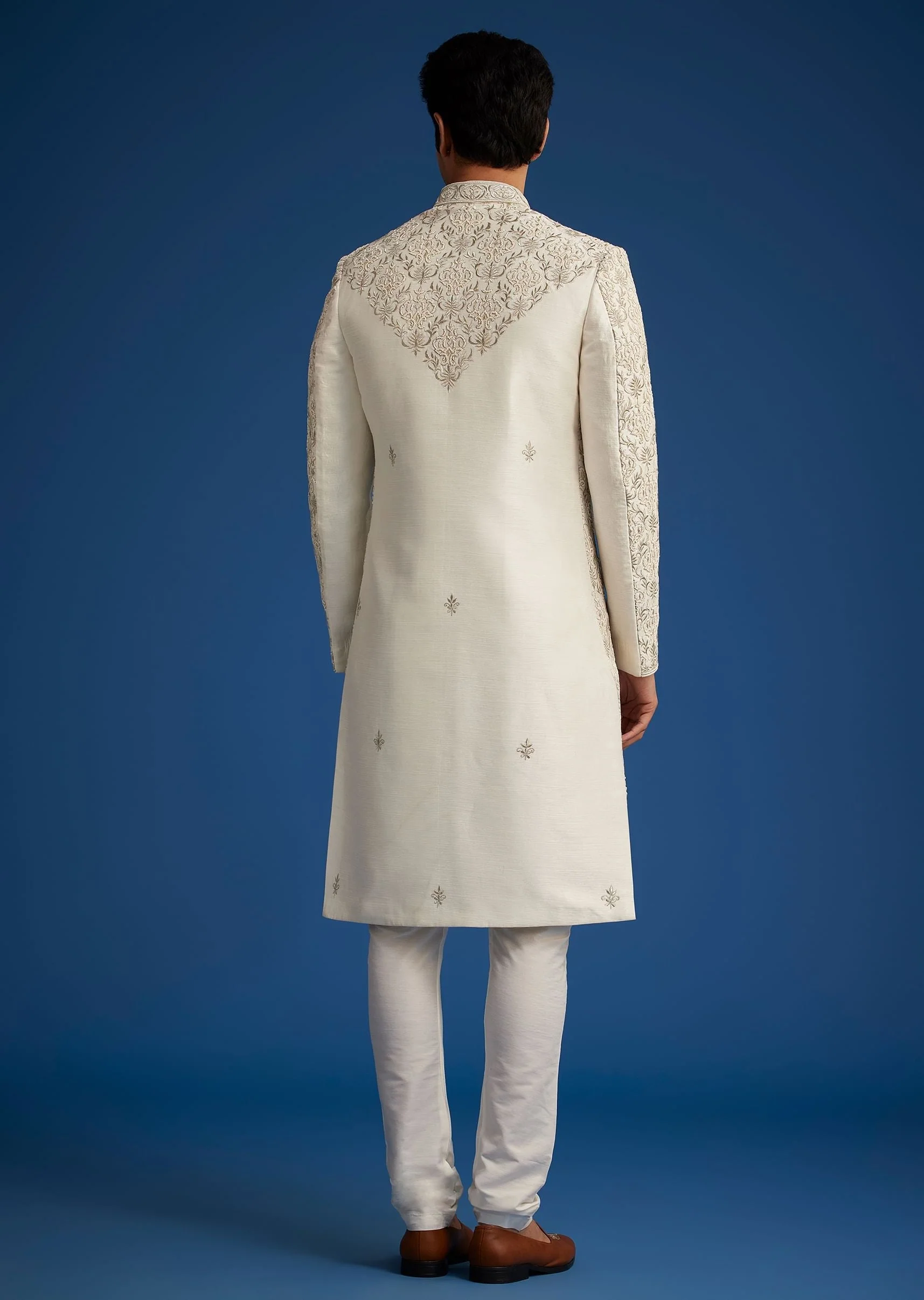 Ivory Silk Sherwani With Resham Zari And Zardosi Work - Image 6