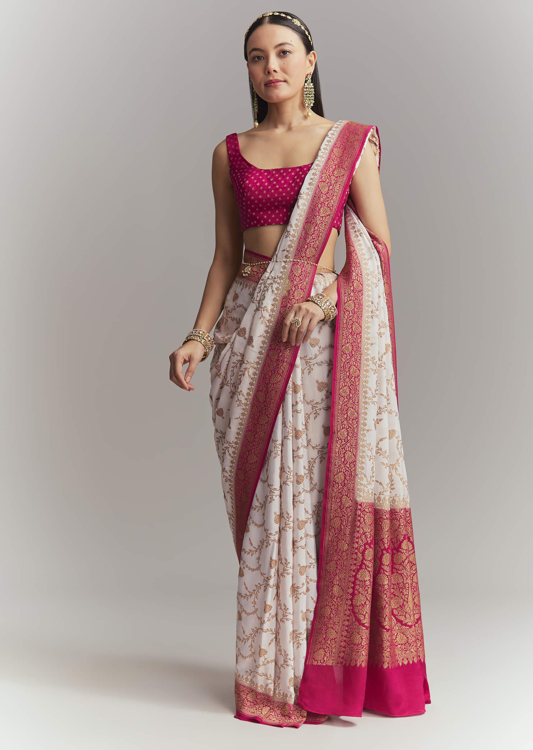 Ivory Silk Woven Saree With Rani Pink Contrast Work - Image 10