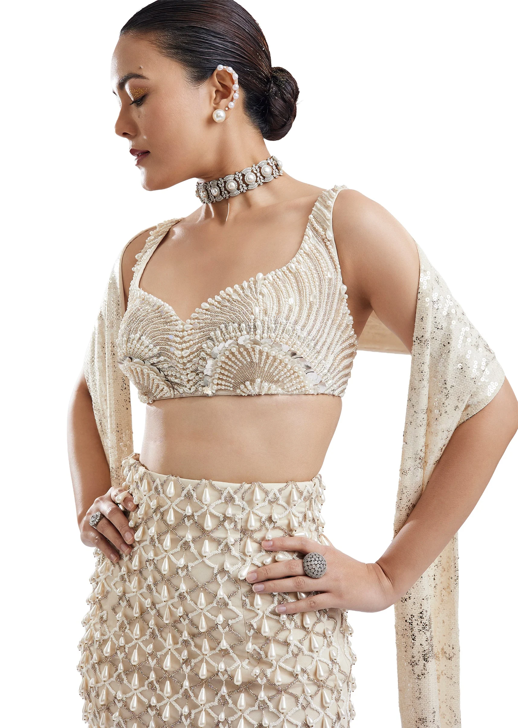 Ivory Sweetheart Neck Lehenga With Stole Dupatta - Image 3