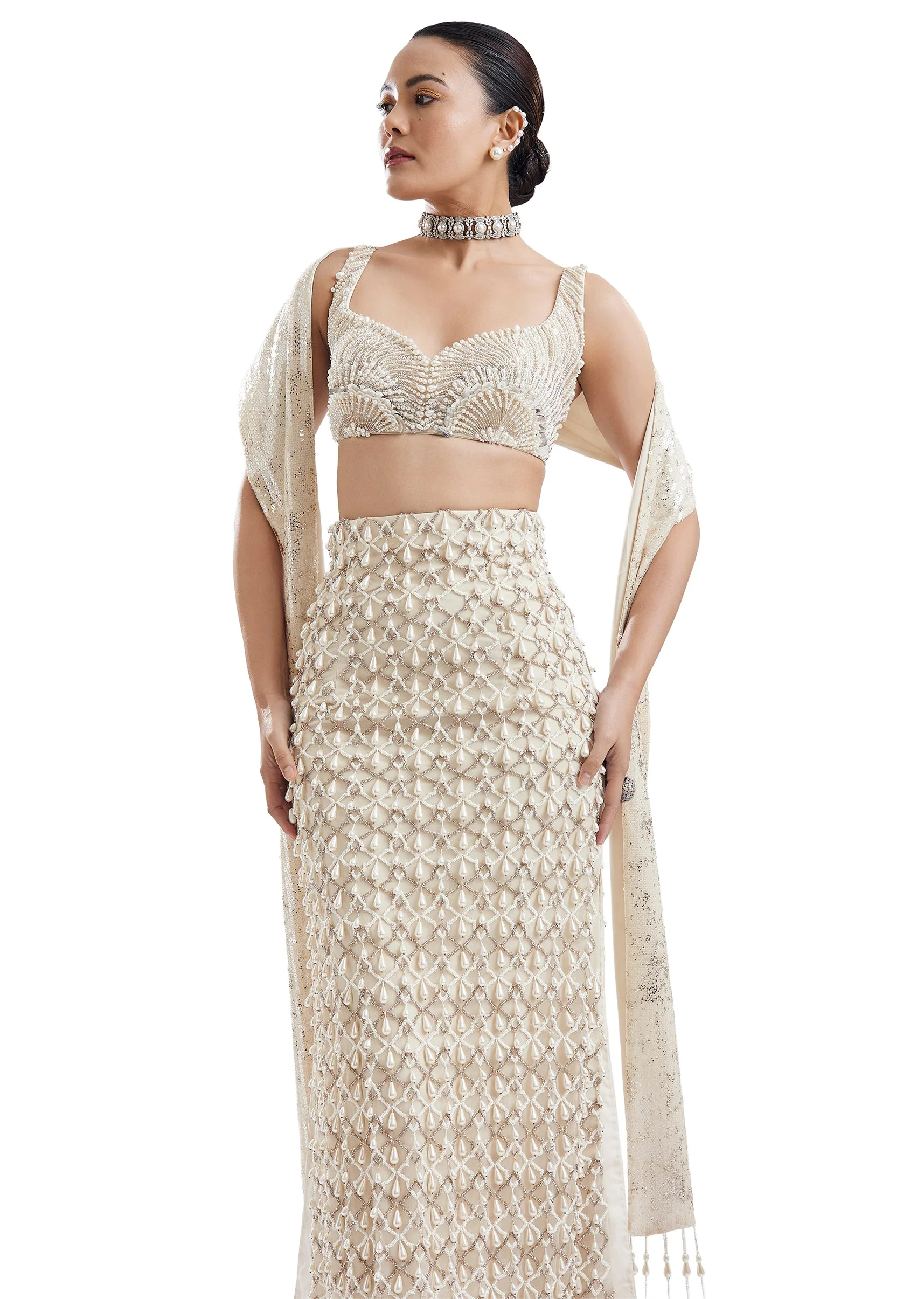 Ivory Sweetheart Neck Lehenga With Stole Dupatta - Image 5