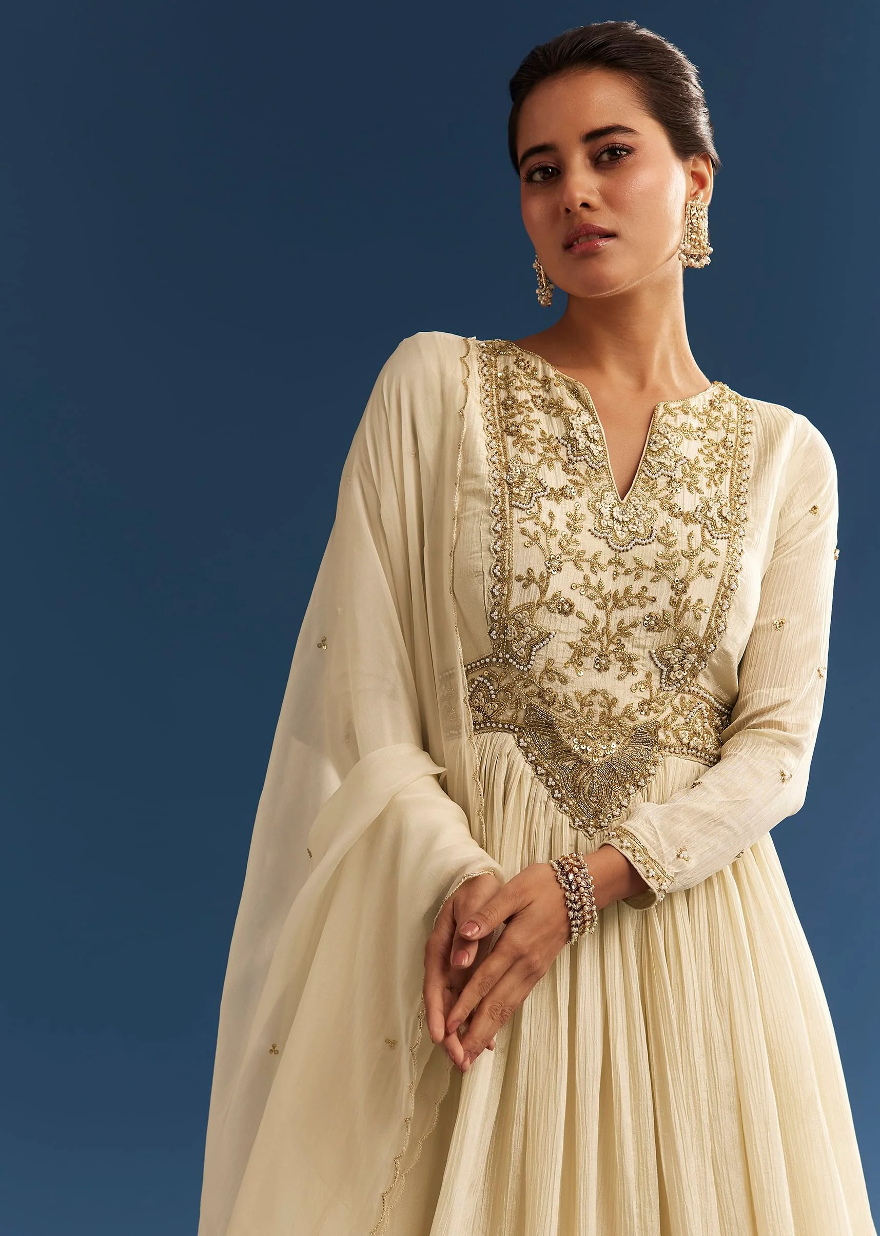 Ivory Tissue Anarkali Set With Tie-Up Back And Organza Dupatta - Image 2