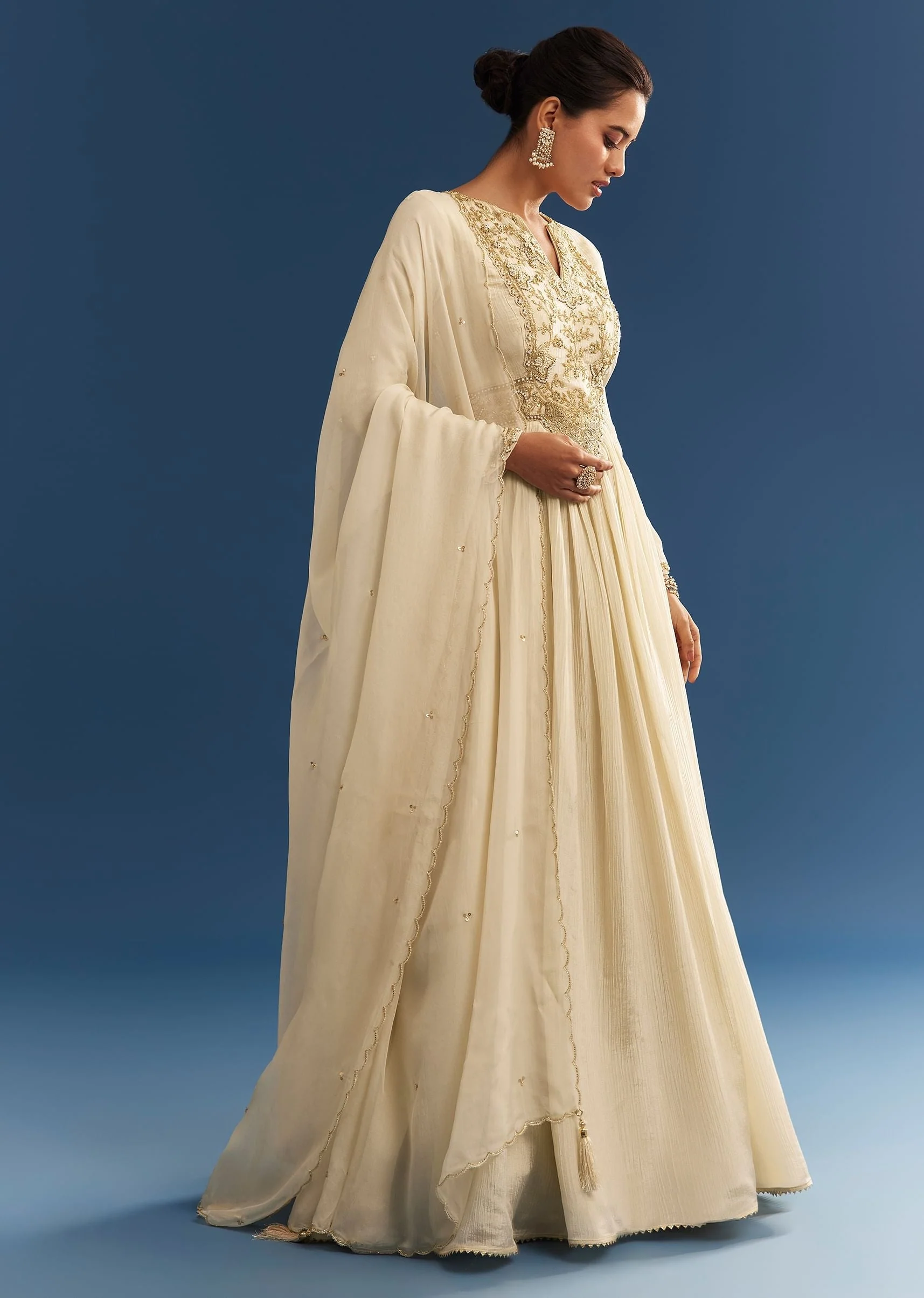 Ivory Tissue Anarkali Set With Tie-Up Back And Organza Dupatta - Image 3