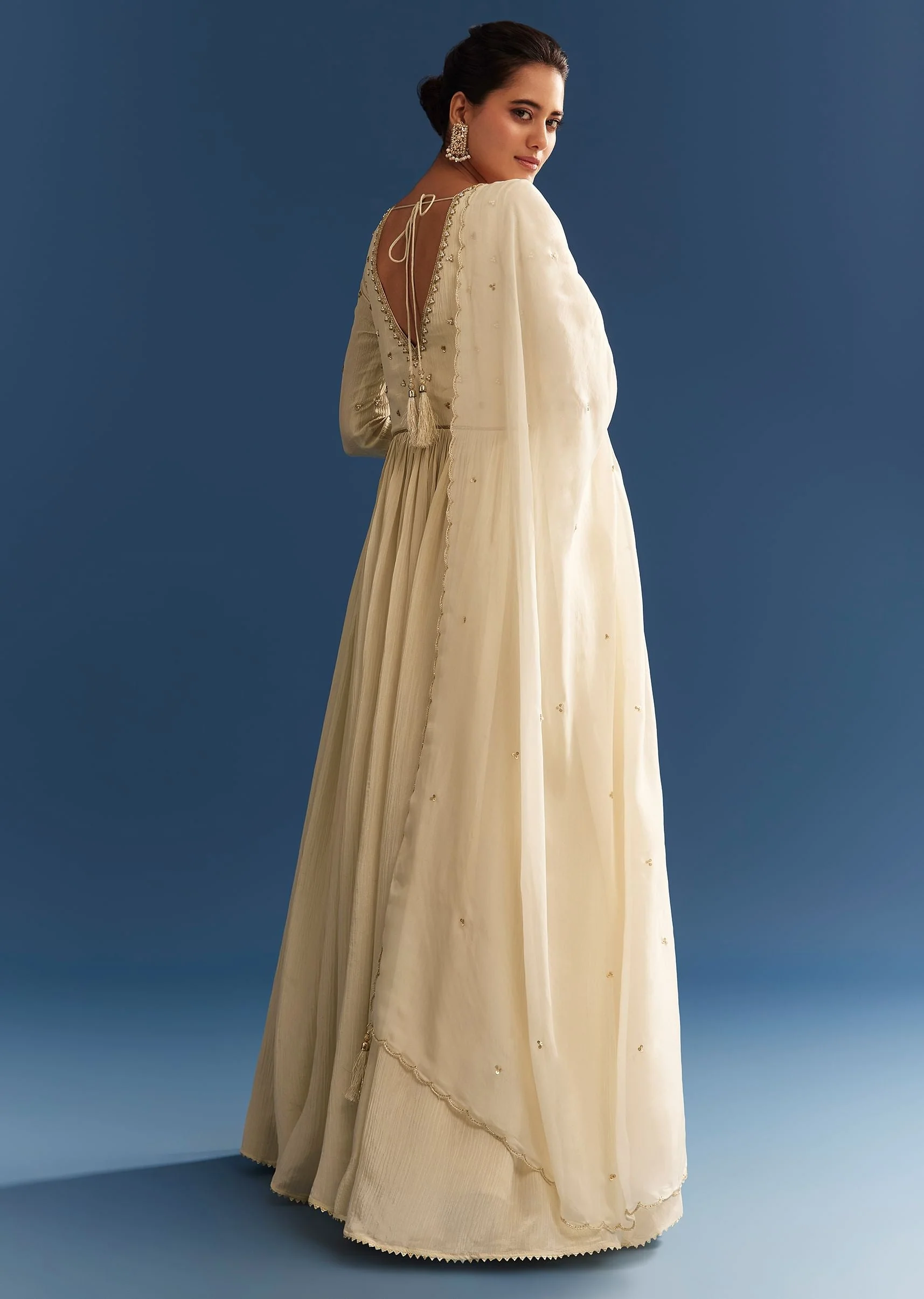 Ivory Tissue Anarkali Set With Tie-Up Back And Organza Dupatta - Image 5
