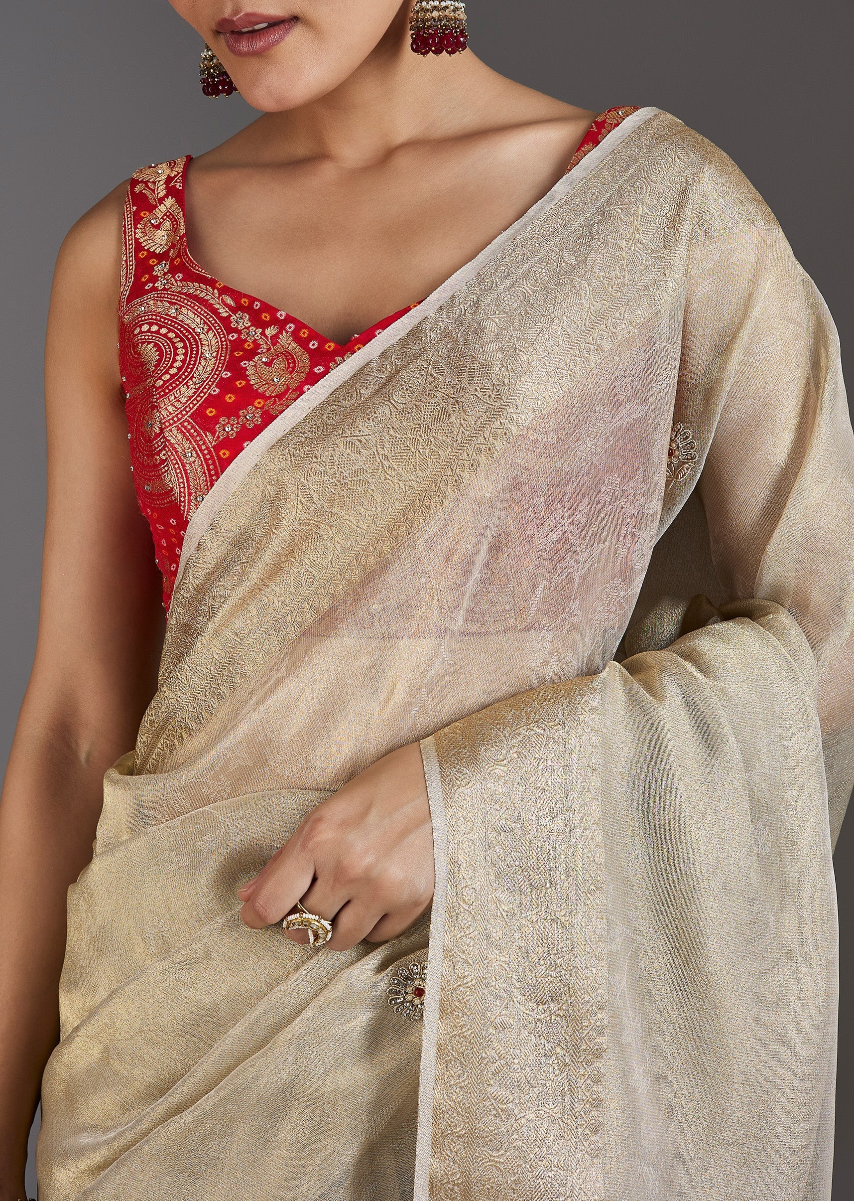Ivory Tissue Embroidered Saree - Image 2