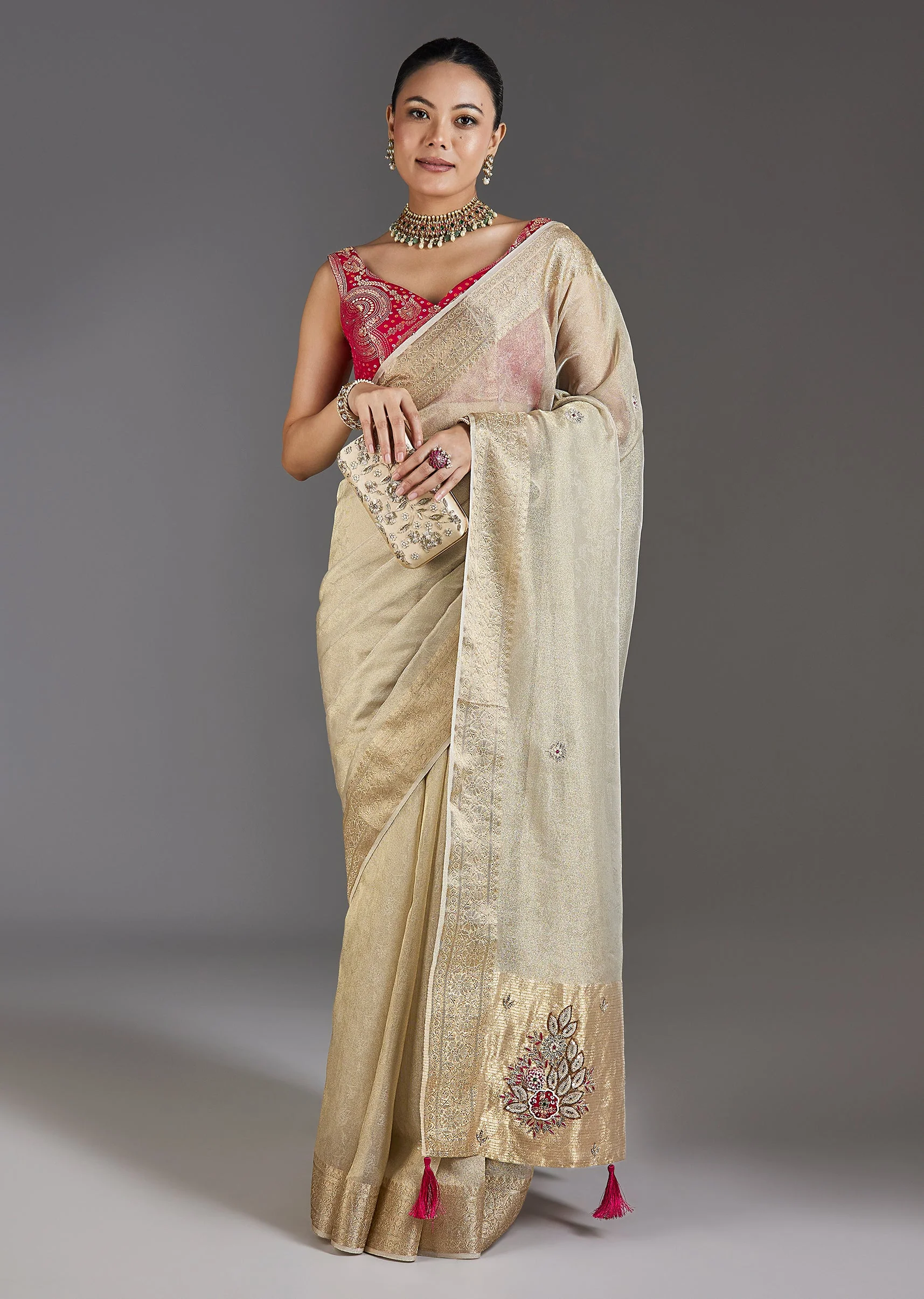 Ivory Tissue Saree With Embroidered Border - Image 3