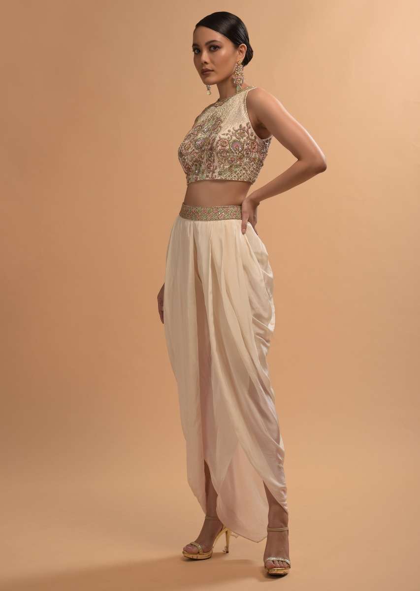 Ivory Tulip Dhoti And Crop Top Set With Embossed Floral Embroidery And High Neckline - Image 2