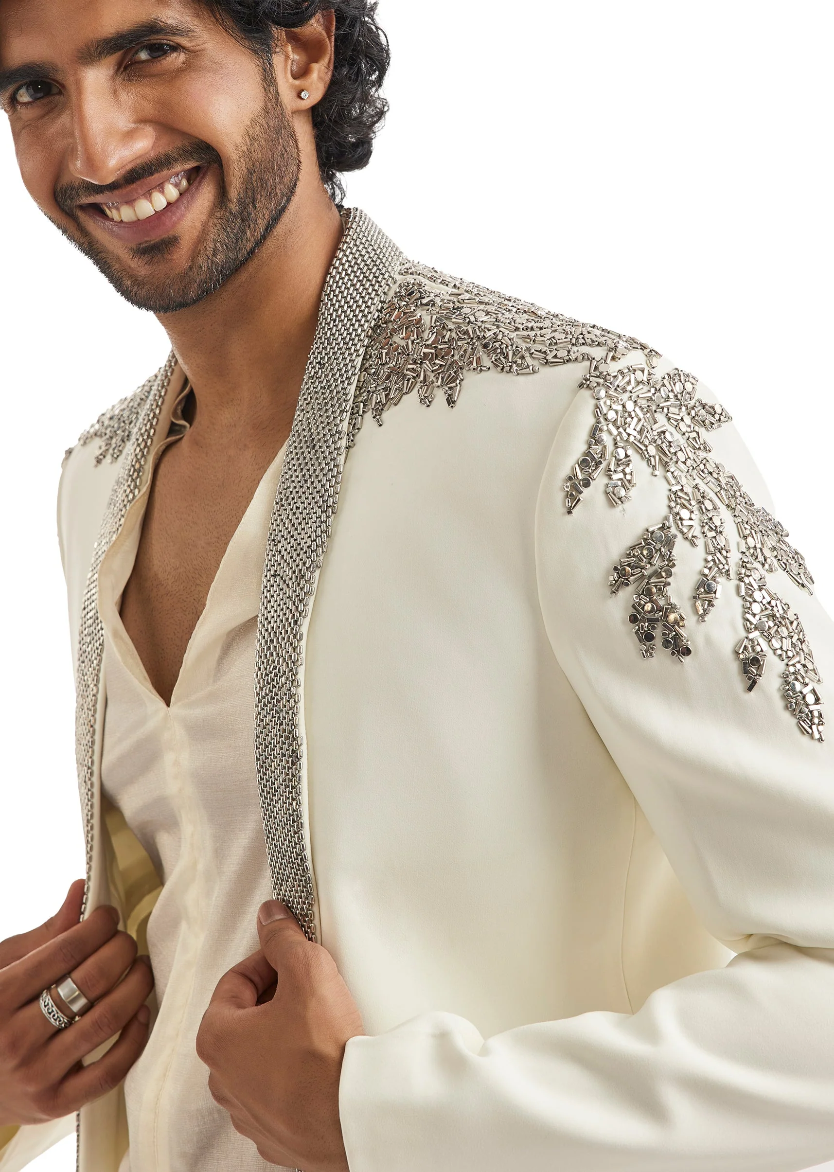 Ivory Tuxedo Set With Metallic Embroidered Blazer - Image 2