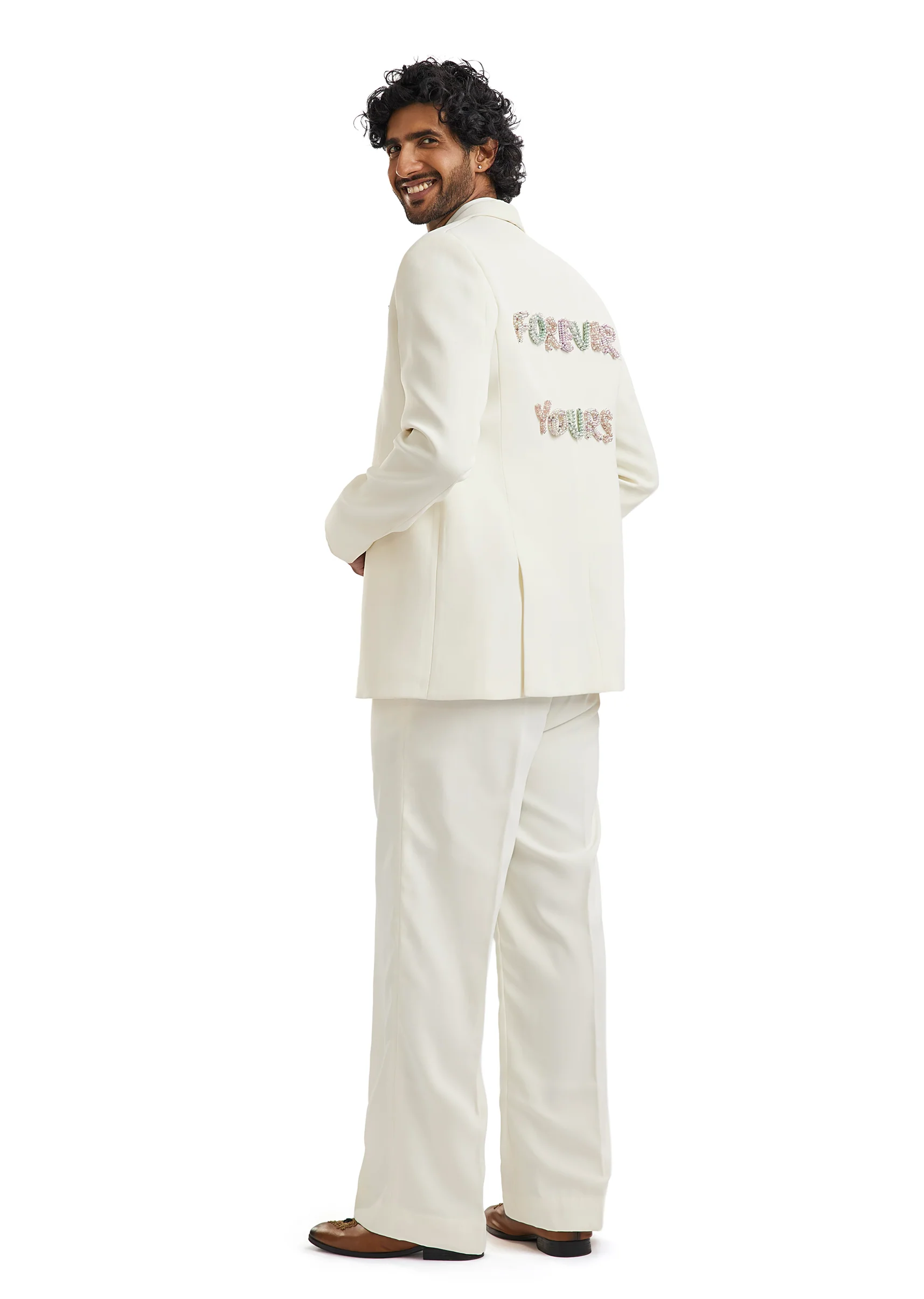 Ivory Tuxedo Set With Pearl Letter Detailing - Image 5
