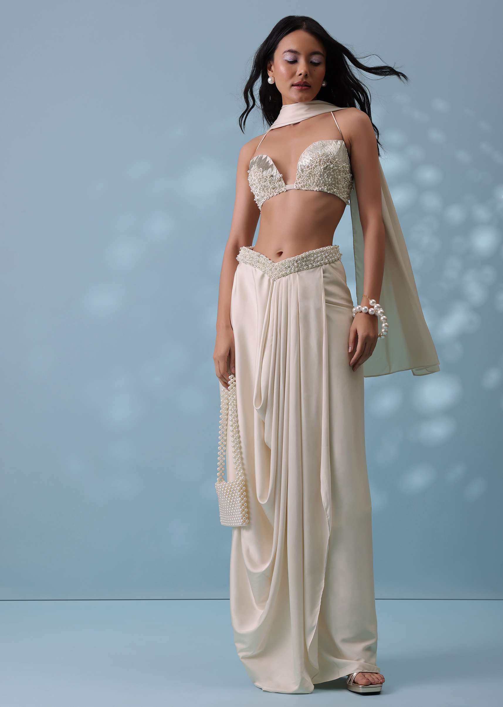 Ivory White Embroidered Drape Skirt And Bustier Top In Milano Satin - Image 3