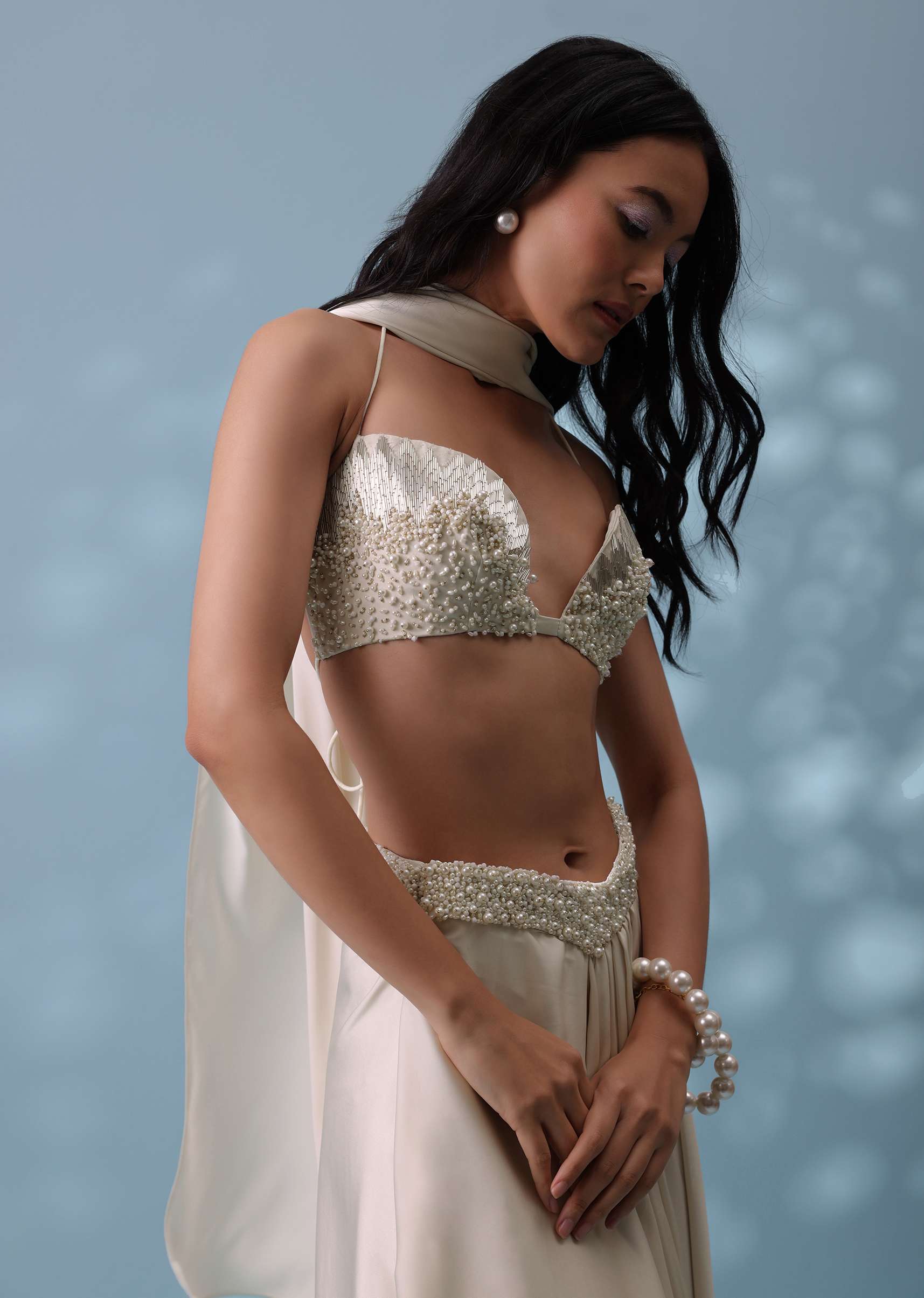 Ivory White Embroidered Drape Skirt And Bustier Top In Milano Satin - Image 4