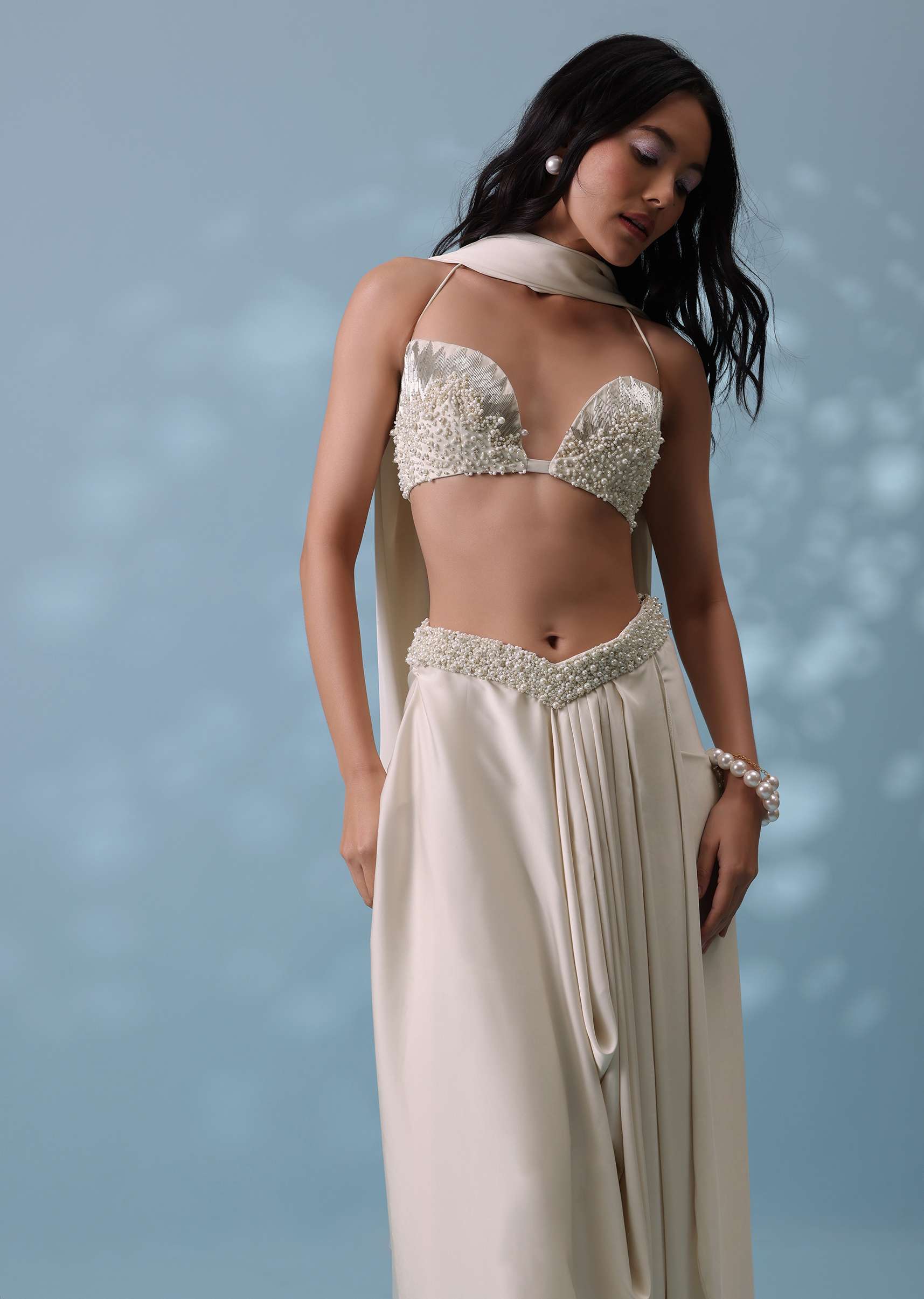Ivory White Embroidered Drape Skirt And Bustier Top In Milano Satin - Image 5