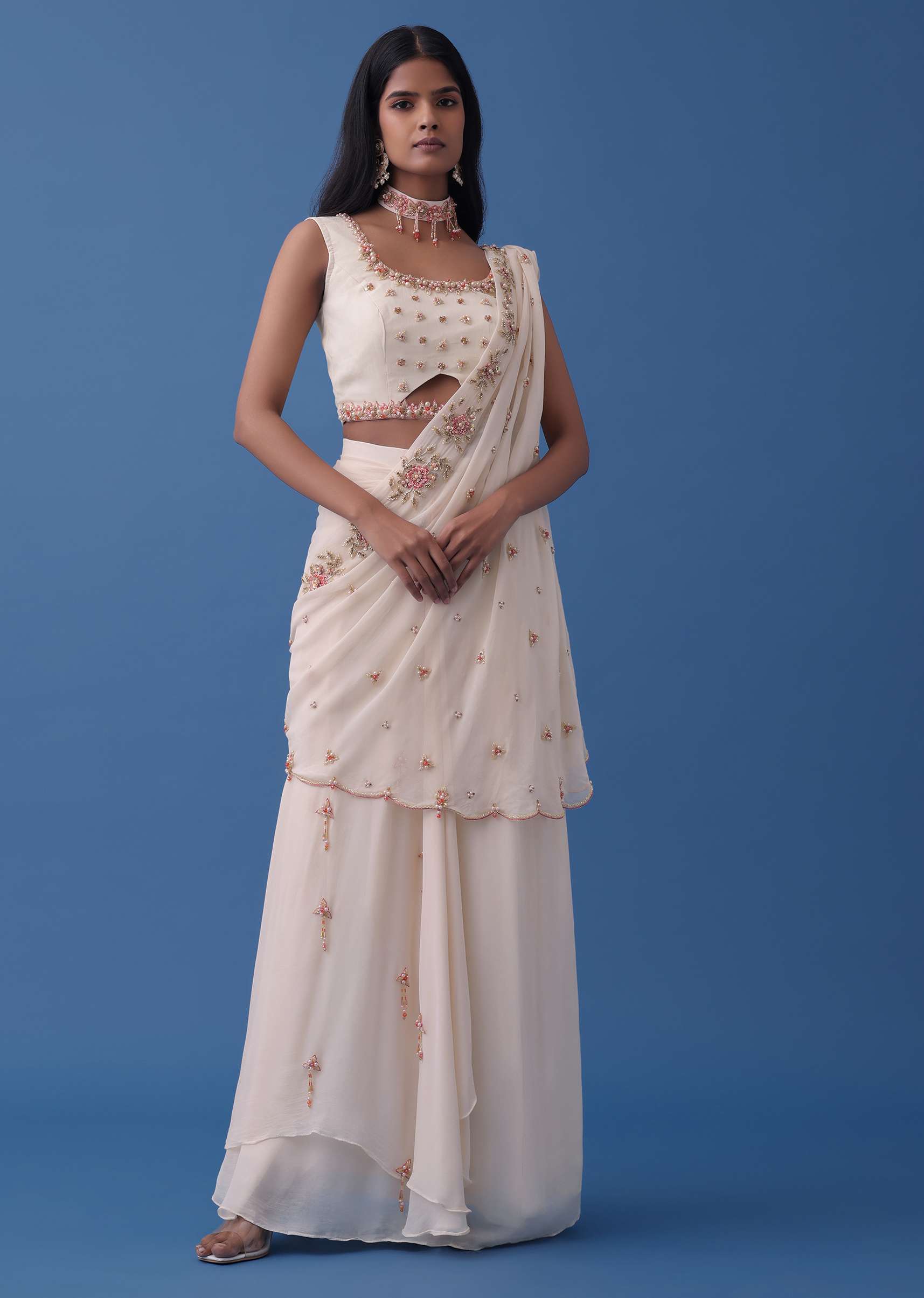 Ivory White Embroidered Indowestern Set With Pre-Draped Dupatta In Georgette - Image 2