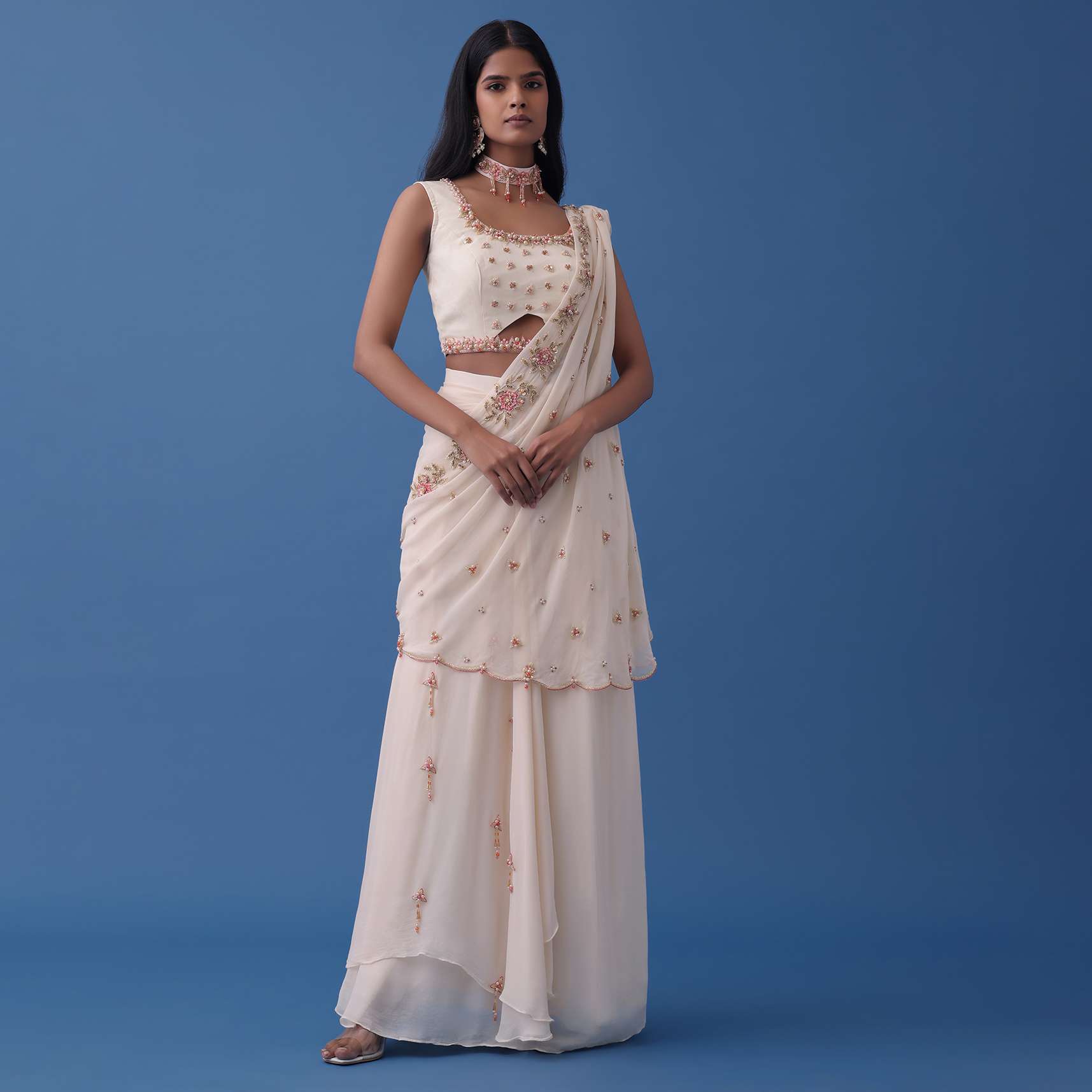 Ivory White Embroidered Indowestern Set With Pre-Draped Dupatta In Georgette - Image 3