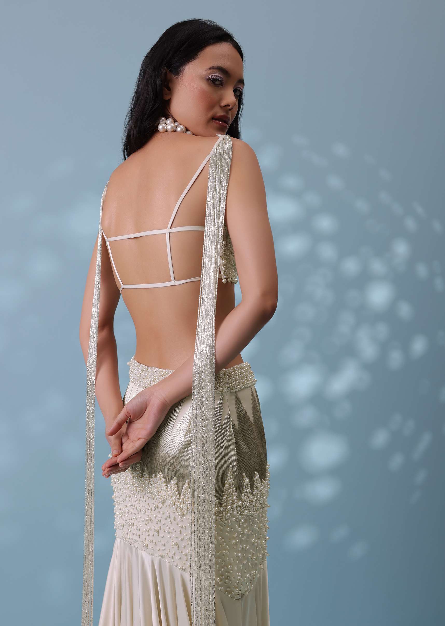 Ivory White Embroidered Trail Lehenga Set In Milano Satin With Tassel Blouse - Image 11