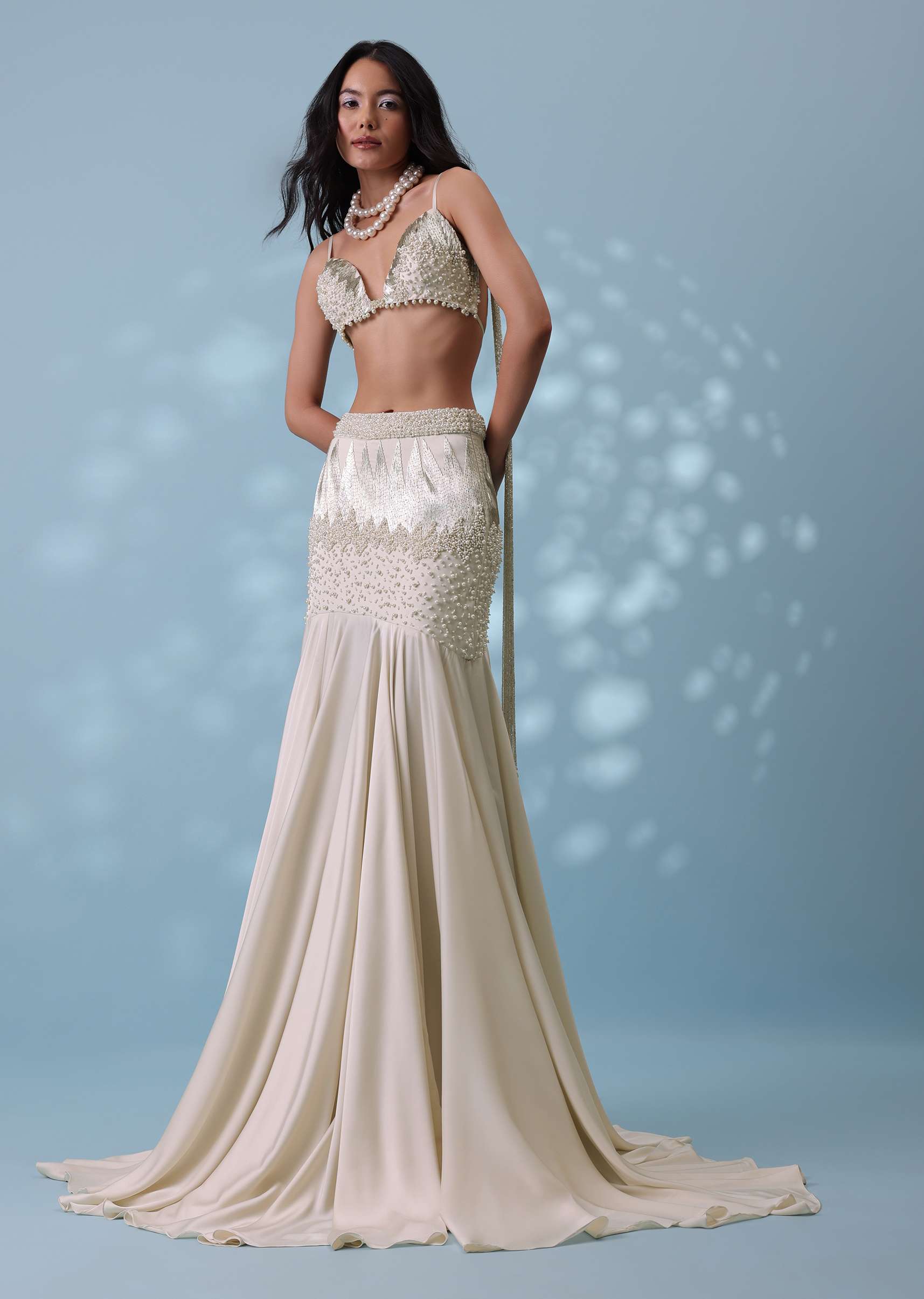 Ivory White Embroidered Trail Lehenga Set In Milano Satin With Tassel Blouse - Image 13