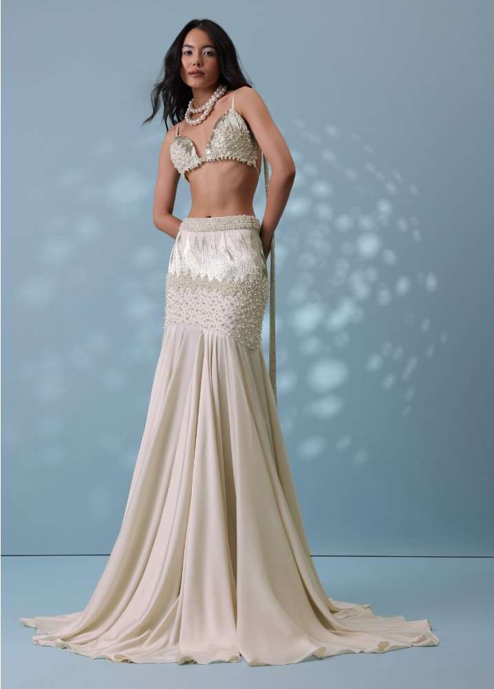 Ivory White Embroidered Trail Lehenga Set In Milano Satin With Tassel Blouse - Image 14