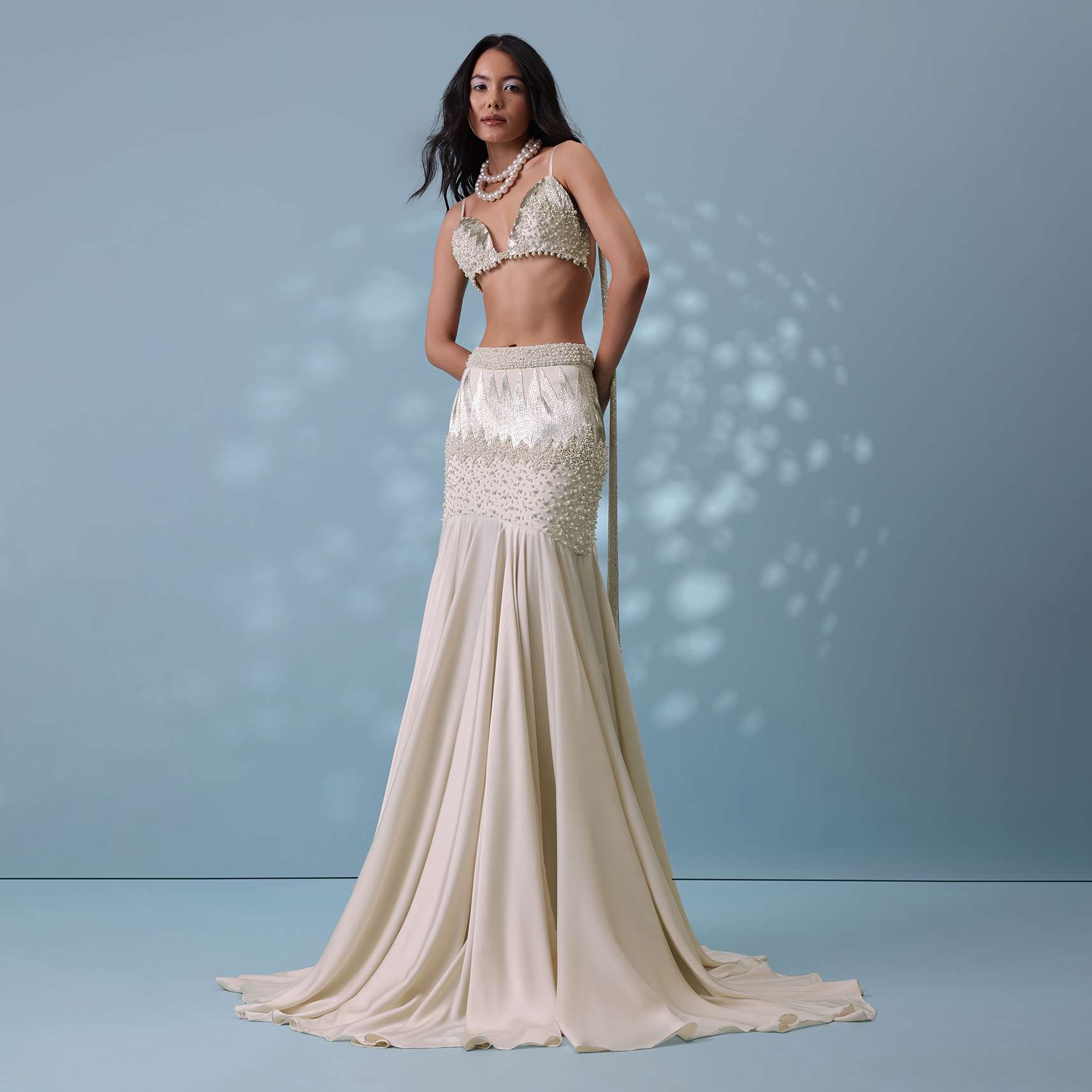 Ivory White Embroidered Trail Lehenga Set In Milano Satin With Tassel Blouse - Image 4