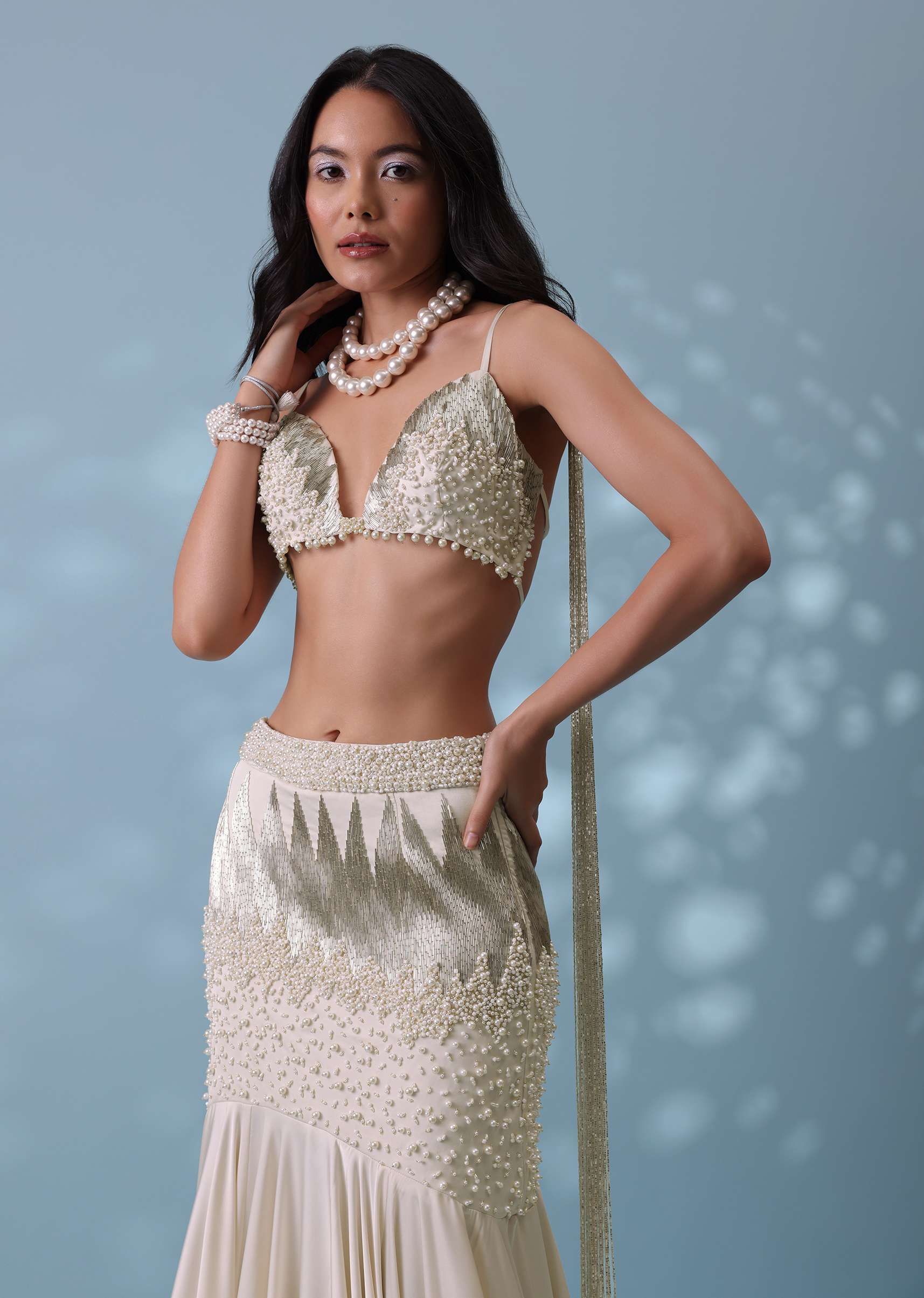 Ivory White Embroidered Trail Lehenga Set In Milano Satin With Tassel Blouse - Image 8