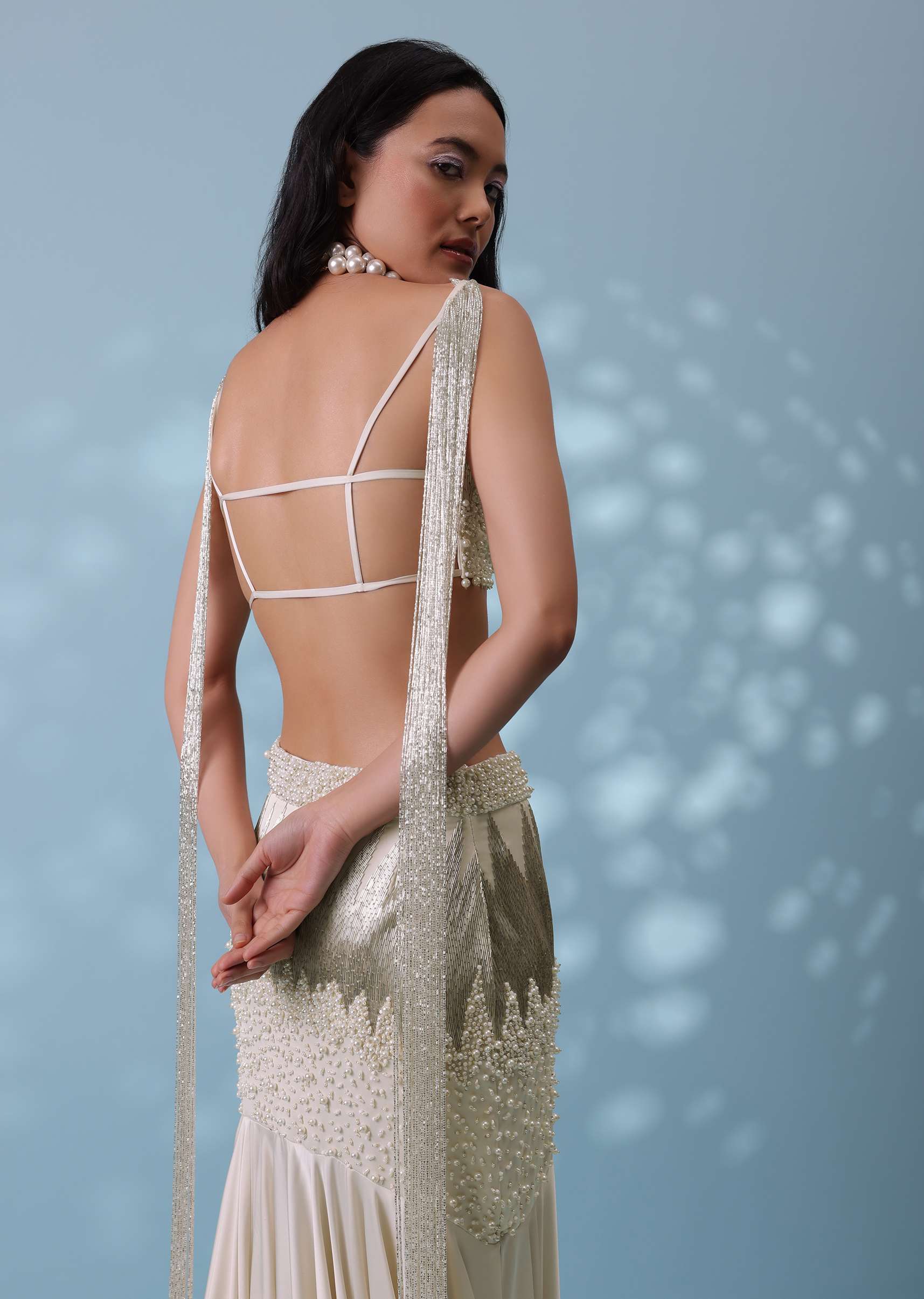 Ivory White Embroidered Trail Lehenga Set In Milano Satin With Tassel Blouse - Image 9