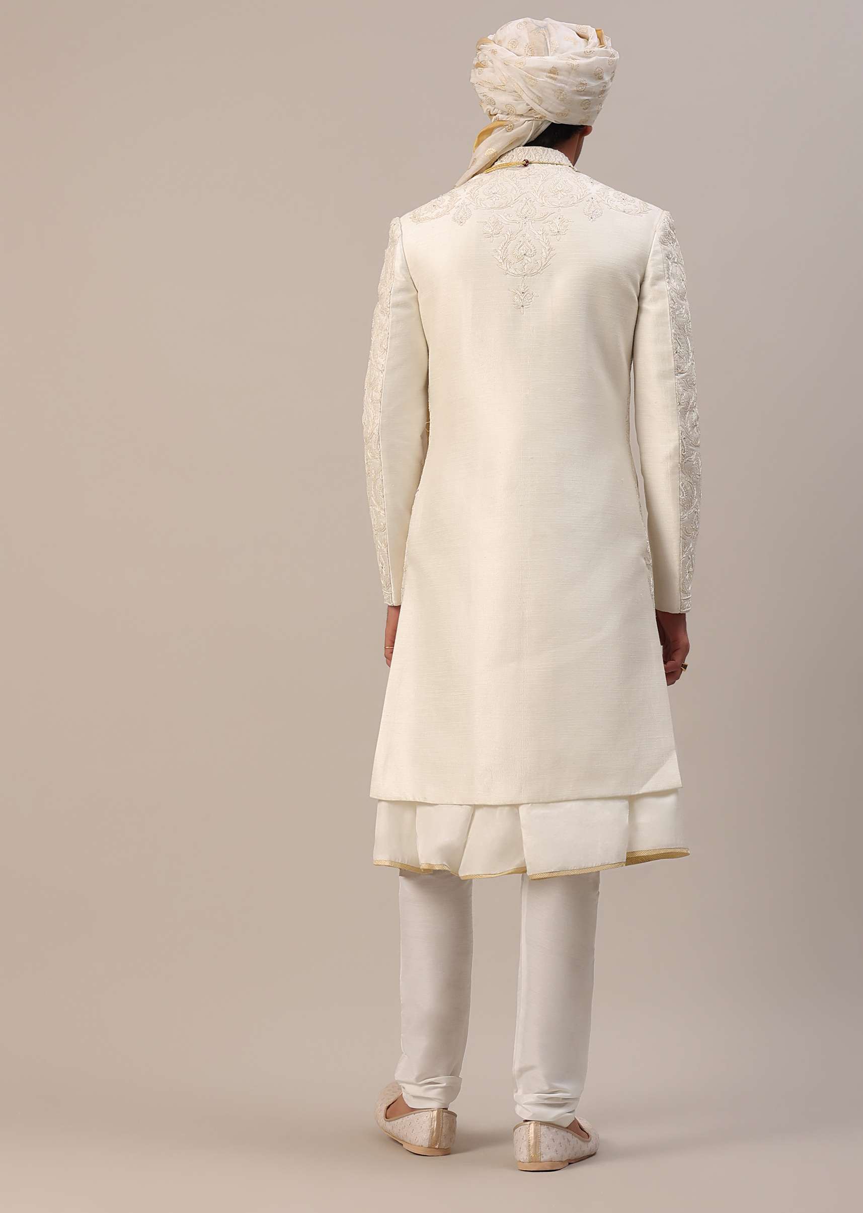 Ivory White Machine Embroidered Sherwani Set In Silk - Image 2