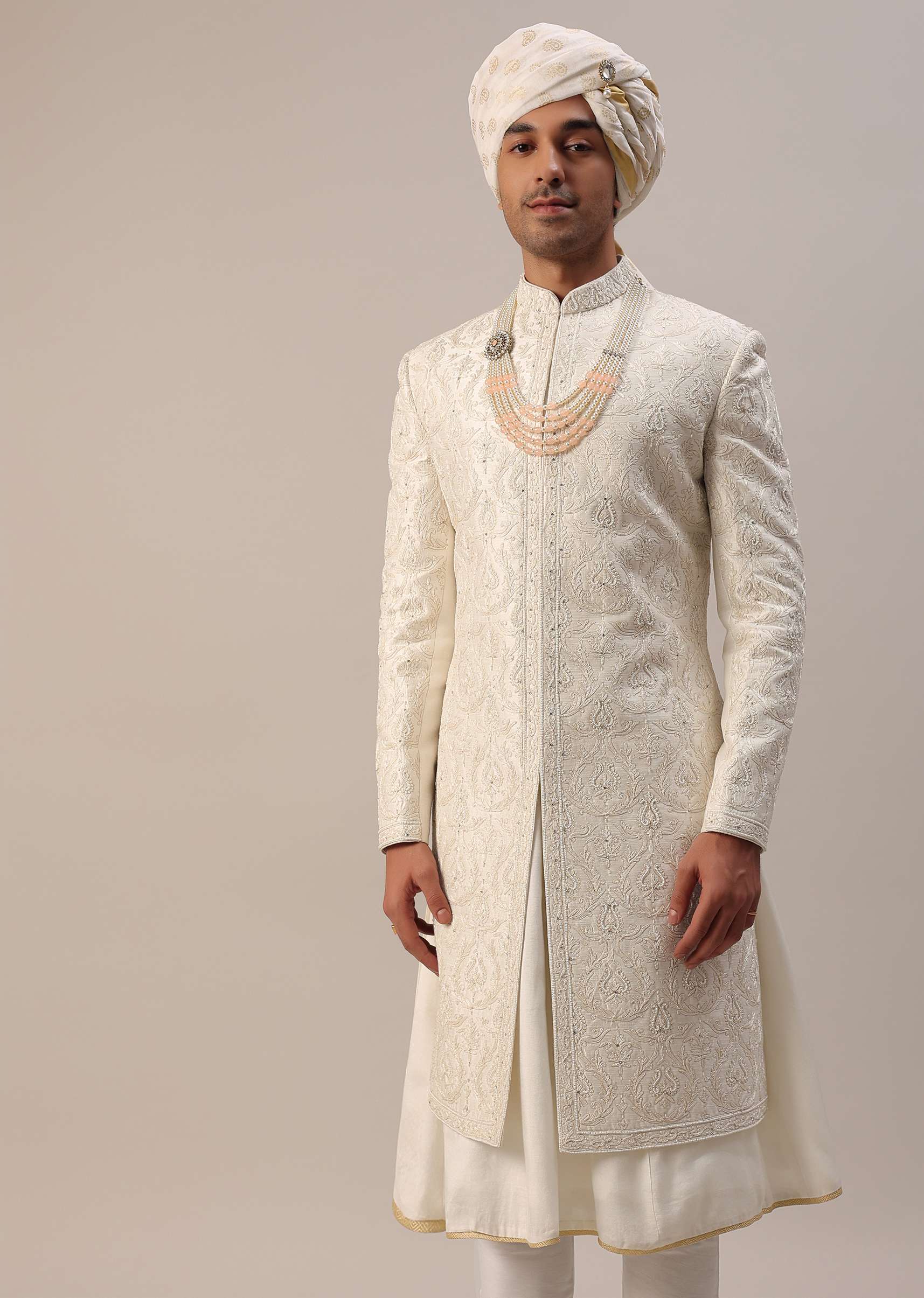 Ivory White Machine Embroidered Sherwani Set In Silk - Image 5