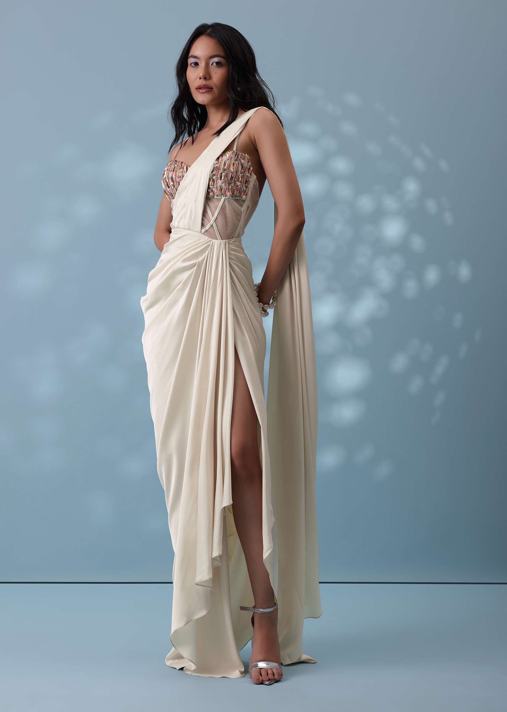 Ivory White Ready-To-Wear Embroidered Drape Saree Gown In Satin - Image 3