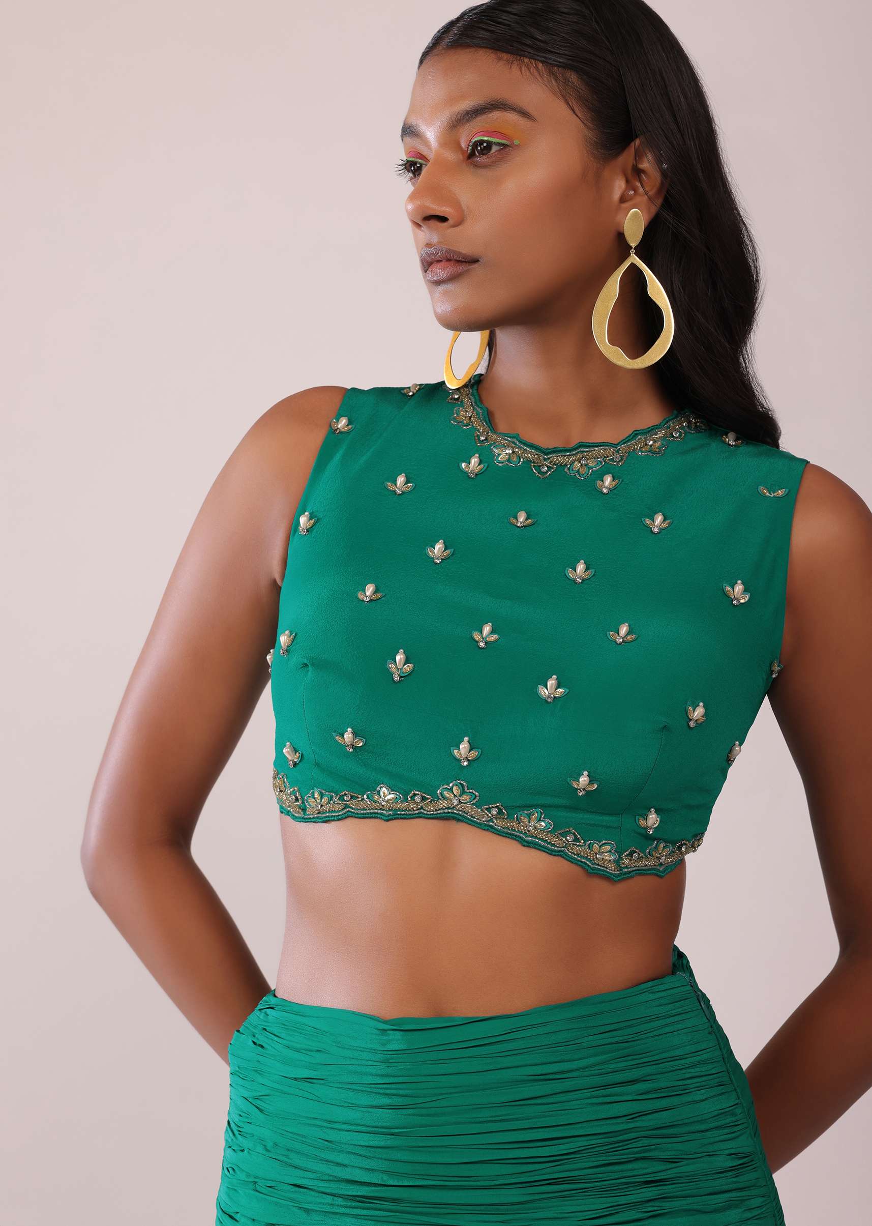 Jade Green Fish-Cut Skirt And Embroidered Blouse Set In Crepe - Image 4