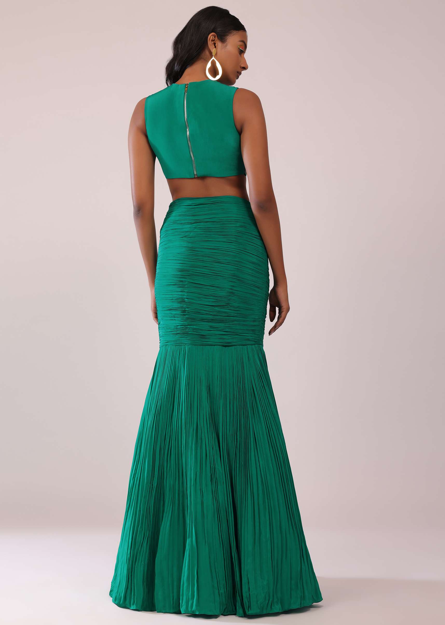 Jade Green Fish-Cut Skirt And Embroidered Blouse Set In Crepe - Image 5
