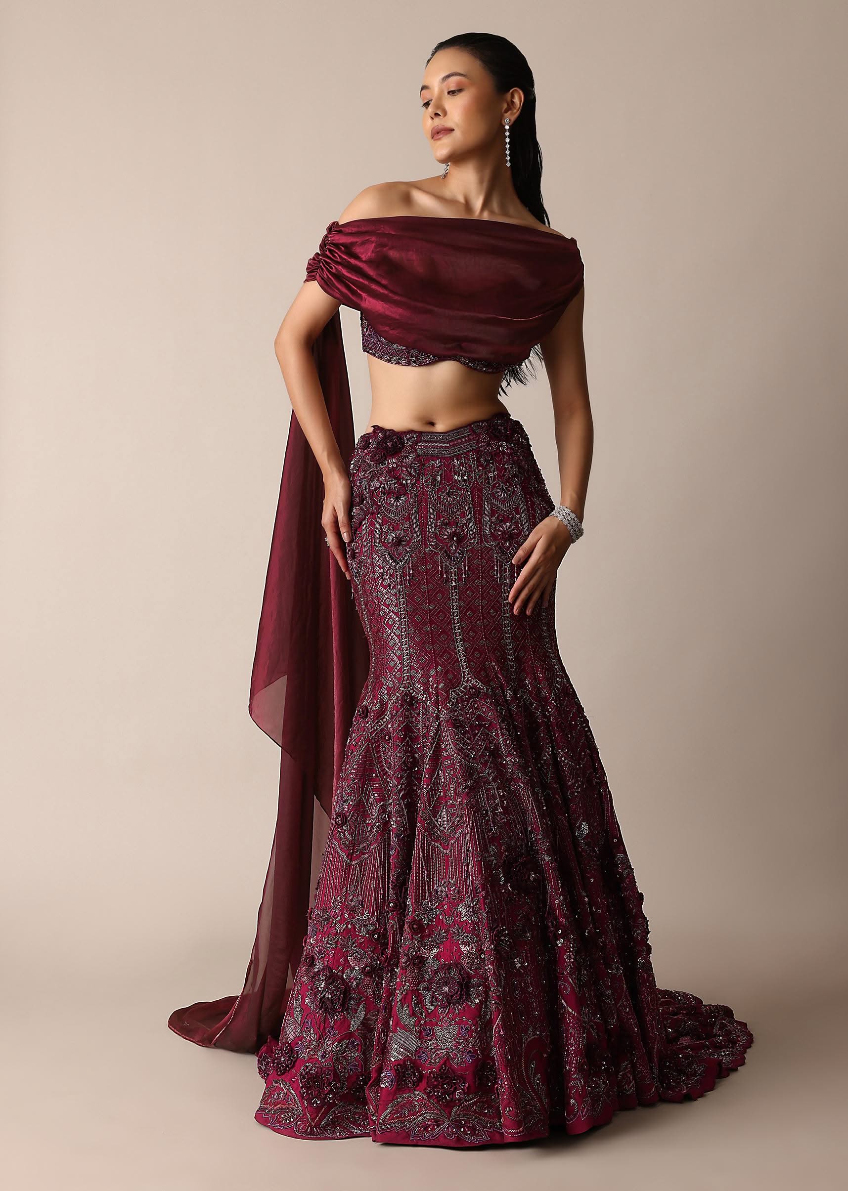 Wine Opulent Fish Cut Lehenga And Embellished Jacket Duo - Image 3